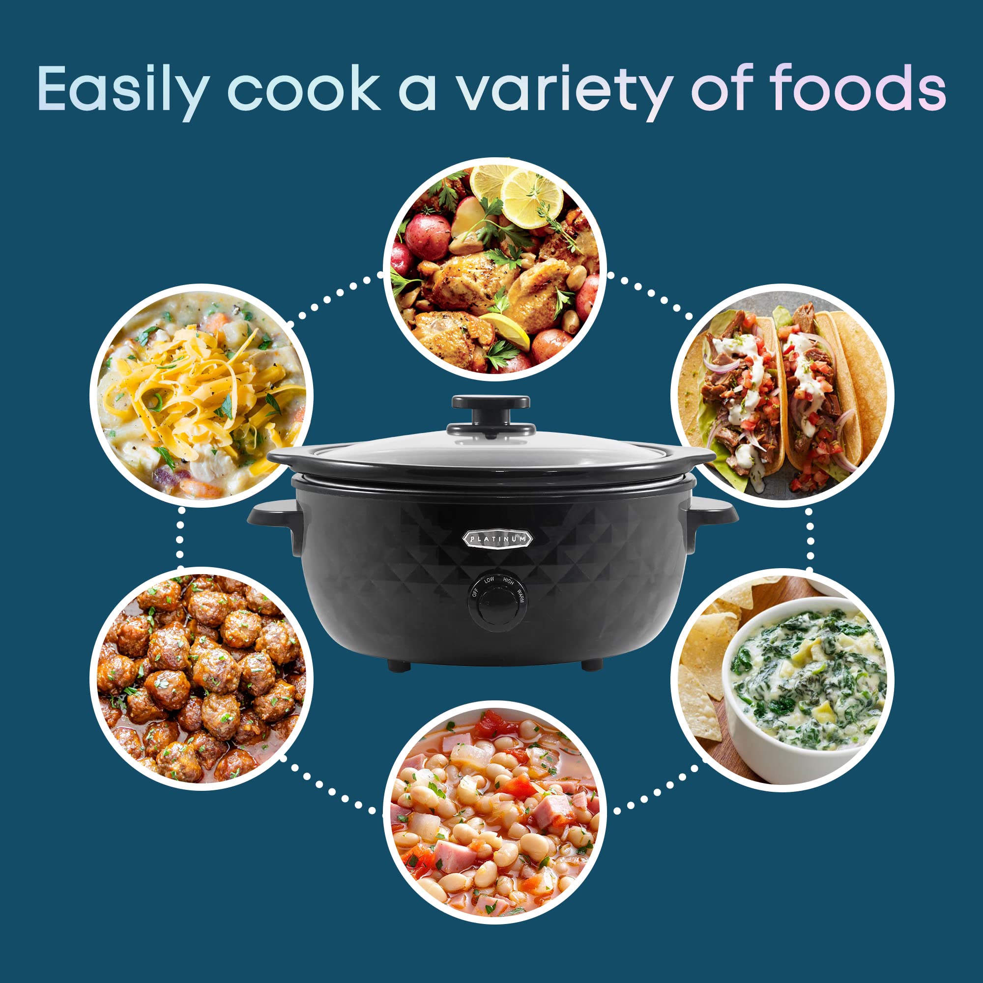 Elite Gourmet MST-1234B 6-Quart Slow Cooker with Removable Stoneware Pot & Tempered Glass Lid - Dishwasher Safe, Cool-Touch Handles, Black - Perfect for Family Dinners, Potlucks & Meal Prep