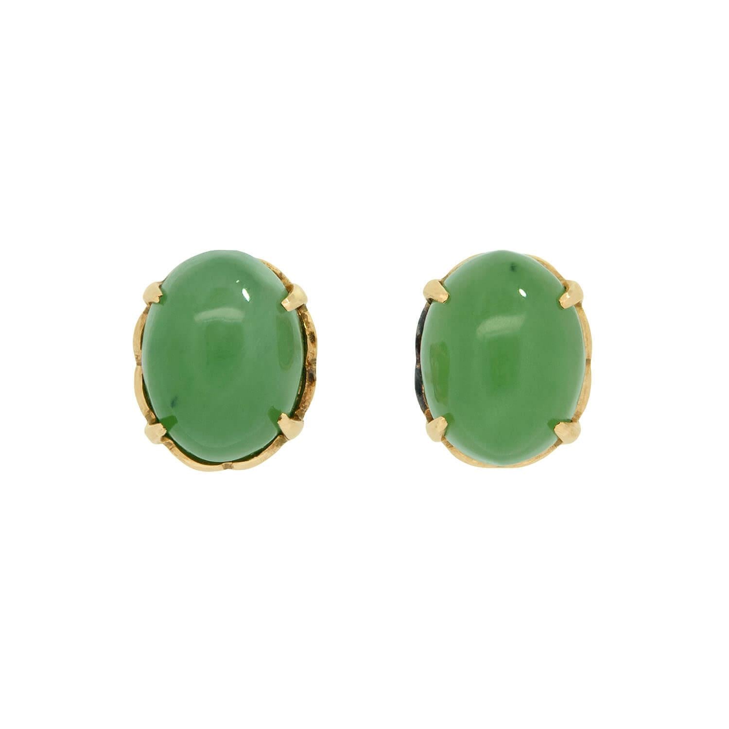 18k Gold Jade Cabochon Stud Earrings for Women - Elegant Vintage Jewelry Gift for Weddings, Parties & Special Occasions