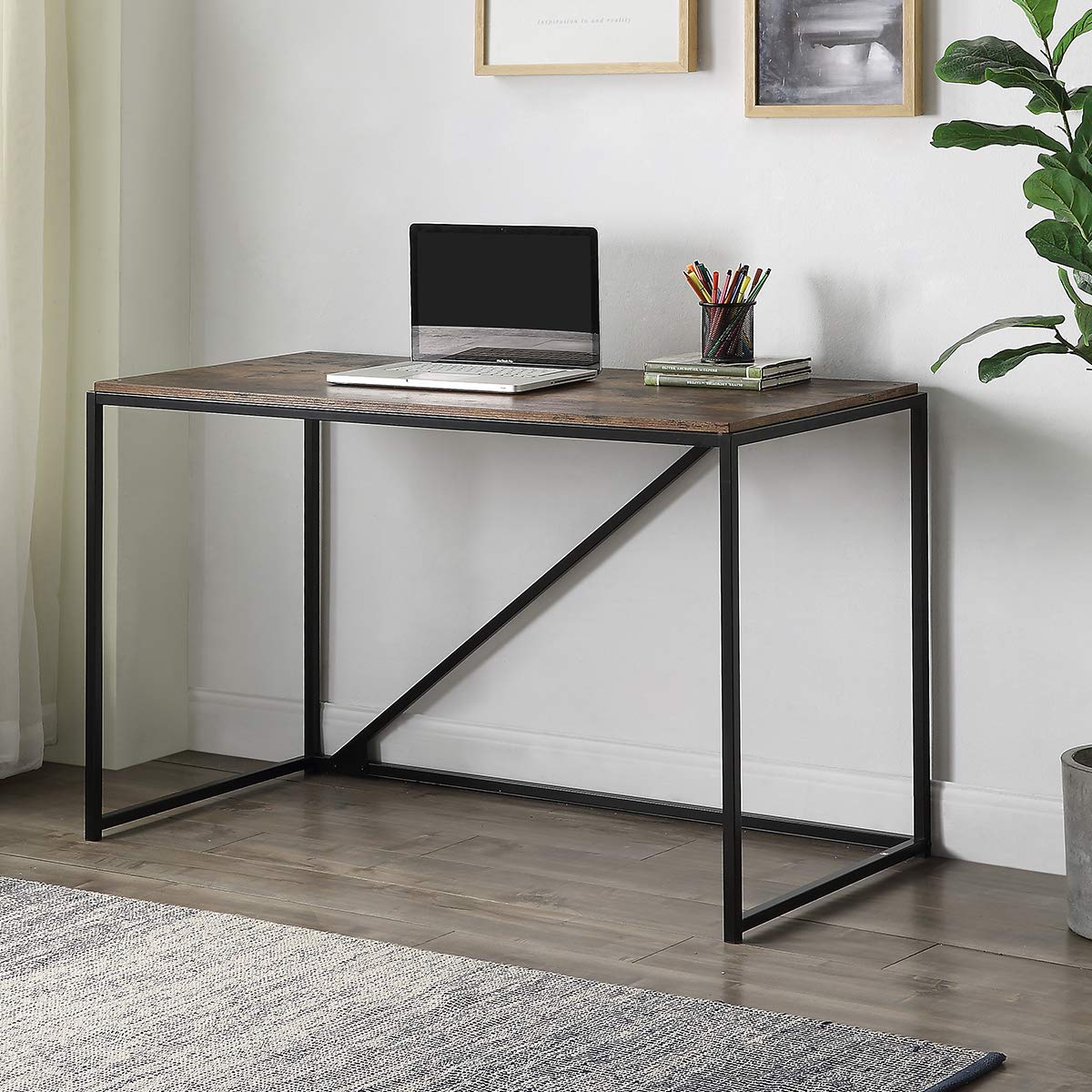 46-Inch Home Office Computer Desk - Modern Industrial Style Small Study Desk with Metal Frame, Easy Assembly for Laptop & Workspace (Brown) | Perfect for Home Office, Dorm Room & Small Spaces
