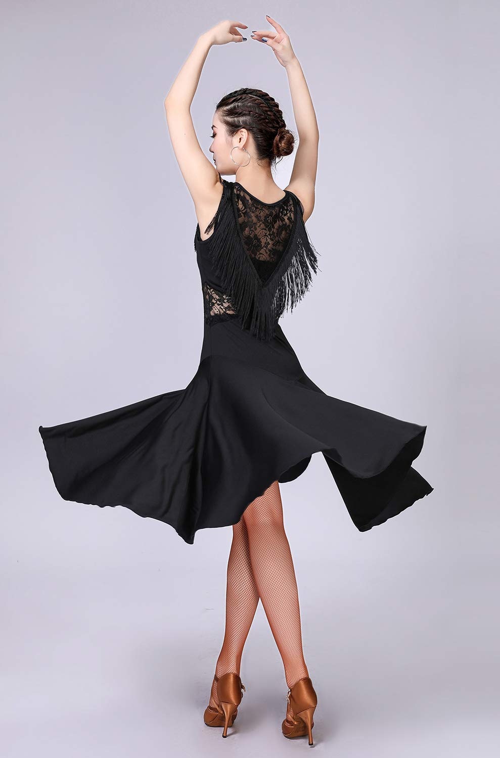Elegant Ballroom Dance Dresses for Women - Fringed Lace Back Salsa Latin Dance Dress with Built-in Shorts (5 Color Options) | Perfect for Salsa, Latin, Tango & Social Dancing