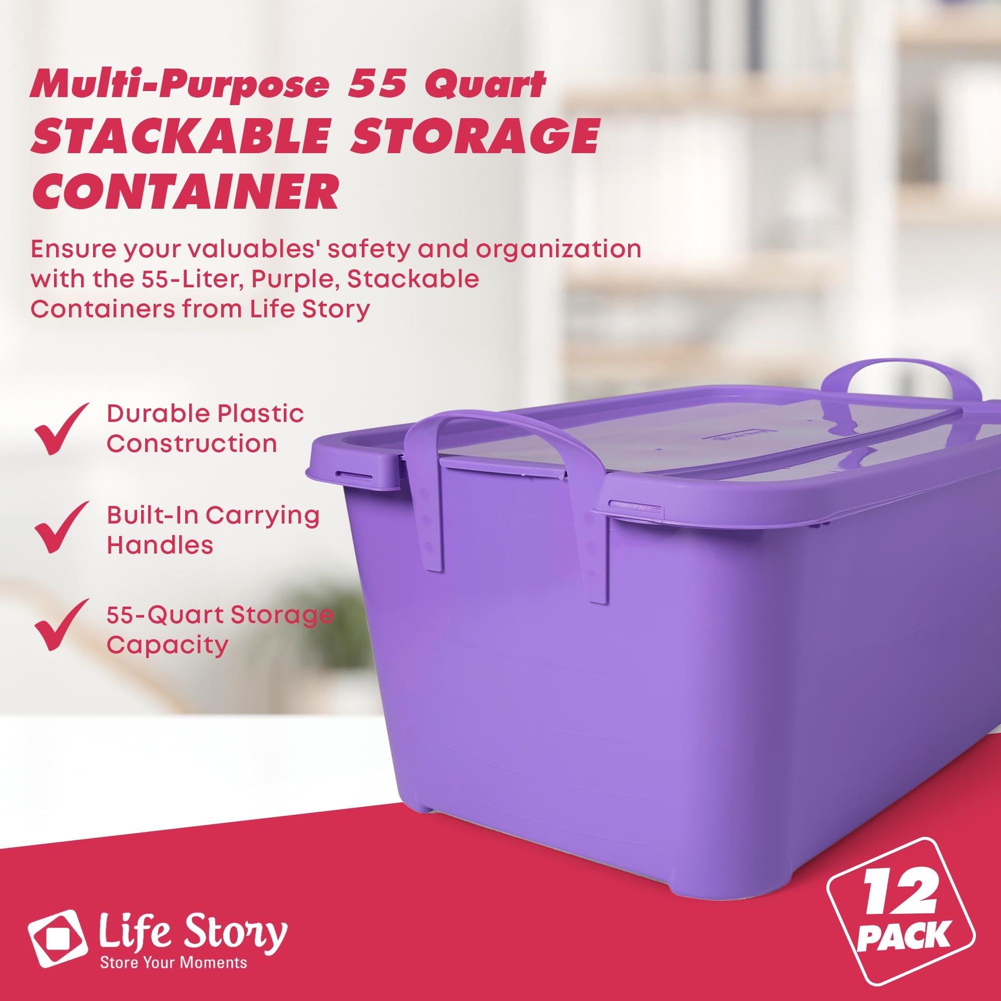 55 Qt Stackable Plastic Storage Bins with Lids - 12 Pack Purple for Organizing Closet, Pantry & Garage | Durable Clear Containers for Home Organization