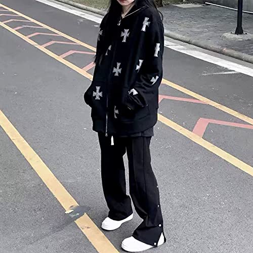SOLILOQUY Women's Hip Hop Jogger Hoodie Set - Korean Punk Style Rhinestone Gothic Long Sleeve Sweatshirt & Y2K Jacket for Streetwear, Dance, and Casual Outfits