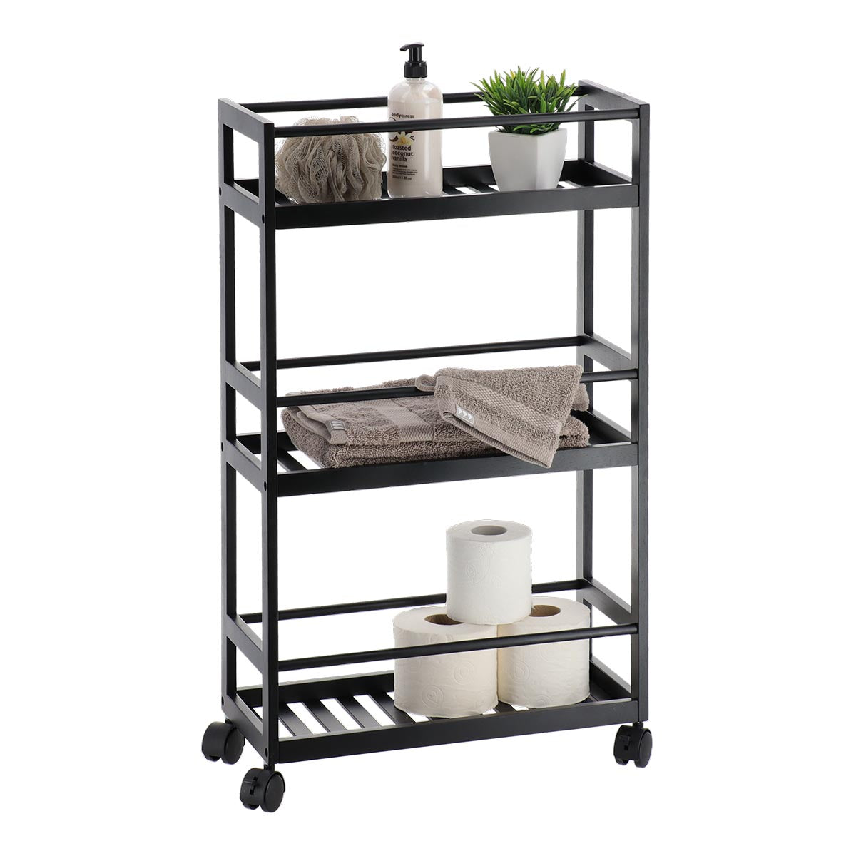 Bamboo Slim 3 Shelf Rolling Cart - Lightweight Storage Organizer for Kitchen, Bathroom, Office | Space-Saving Mobile Utility Cart for Home & Commercial Use