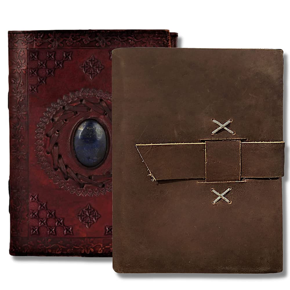 Handmade Leather Journal with Semi-Precious Stones & Vintage Deckle Edge Paper - Witchy Book of Shadows, Travel Writing Notebook, Gift for Men & Women | Perfect for Wiccan Rituals, Travel Diaries & Unique Gifts