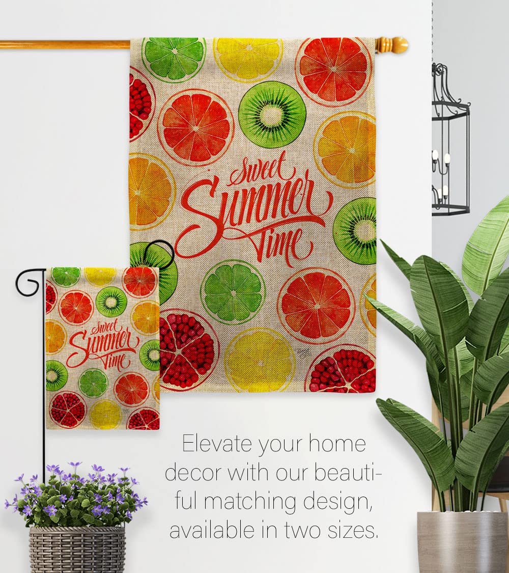 Breeze Decor Too Sweet Summer Burlap Garden House Flag Set - Double-Sided Pineapple, Strawberry, Apple & Watermelon Fruit Design | Tropical Aloha Yard Decoration Banner | Made in USA | Perfect for Patio, Front Porch & Outdoor Summer Parties