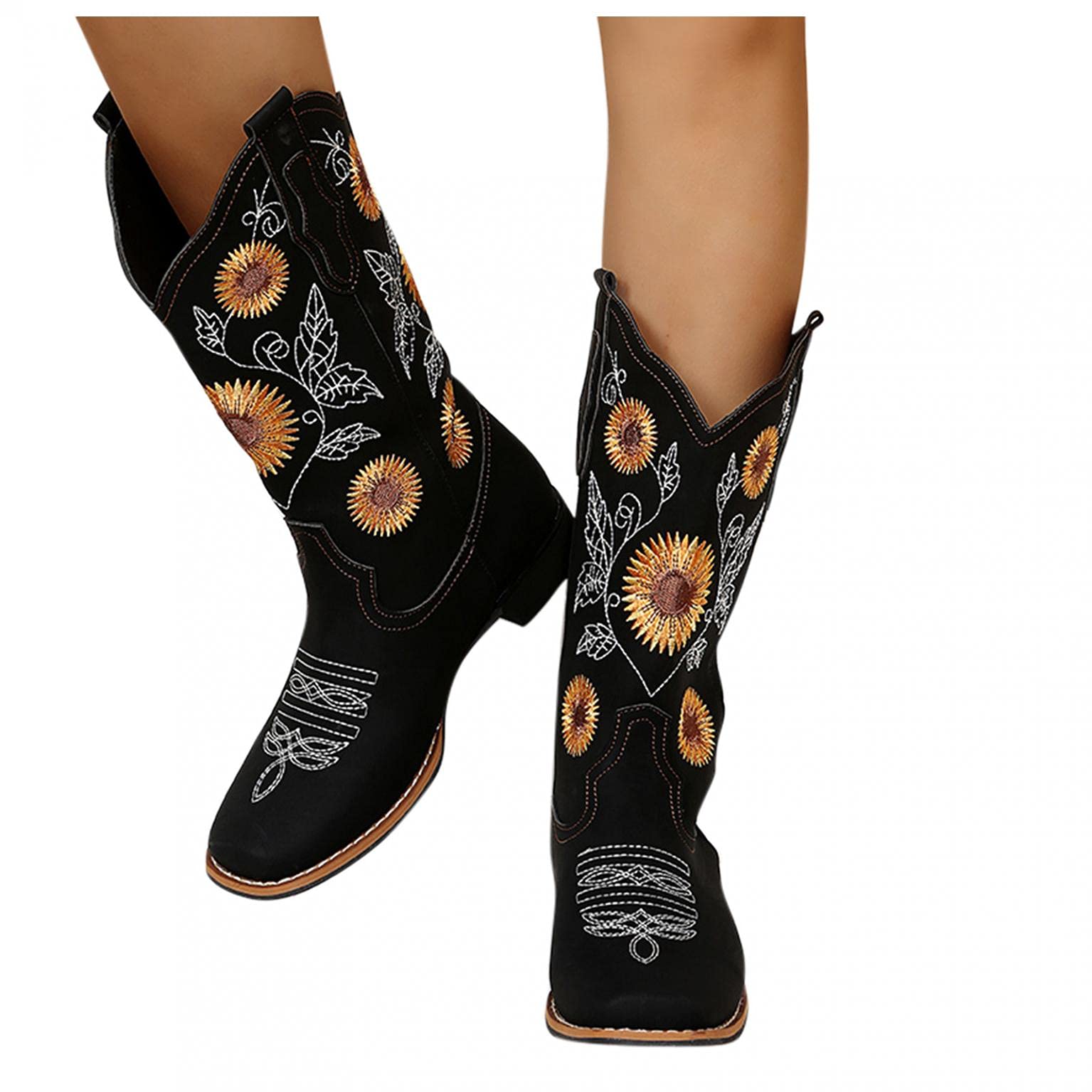 Women's Western Cowboy Boots - Embroidered Square Toe Slip-On Mid-Calf Riding Boots with Chunky Stacked Heel | Perfect for Country Dancing, Rodeo Events & Casual Fashion Outfits