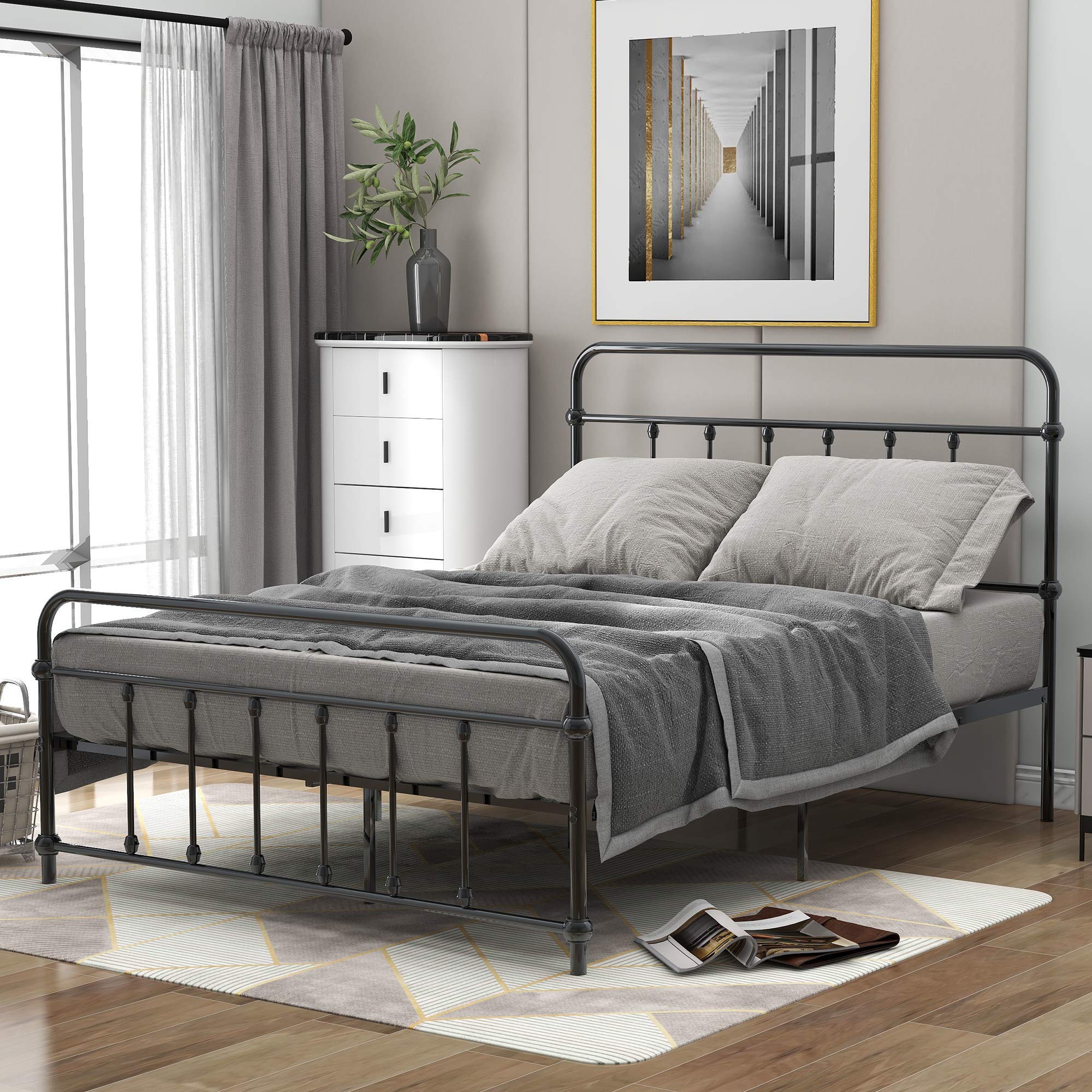 Full Metal Platform Bed Frame with Headboard & Footboard - Sturdy Iron Bed Frame for Bedroom, No Box Spring Needed - Perfect for Modern, Industrial & Minimalist Home Decor