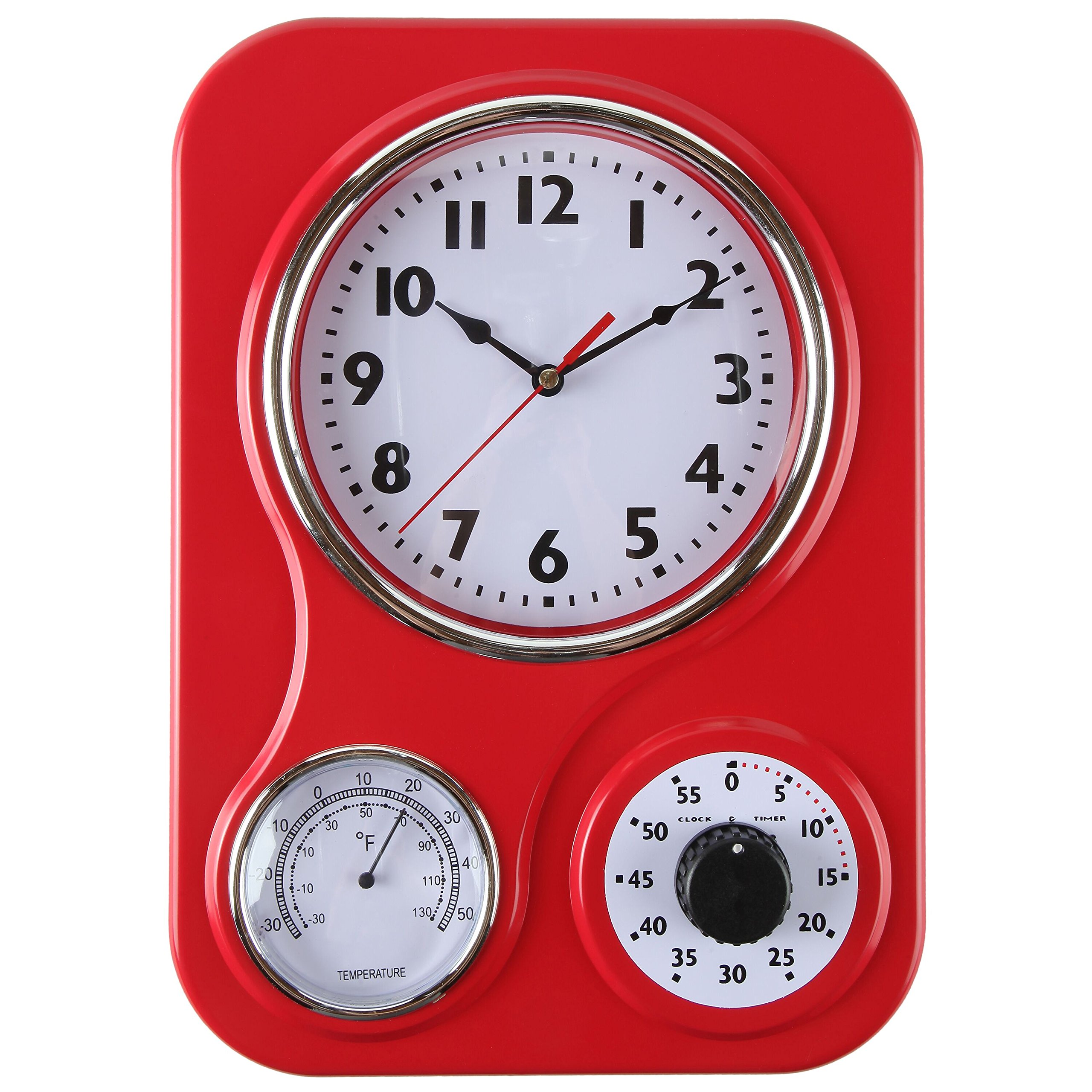 Vintage Retro Kitchen Wall Clock with Thermometer & 60-Minute Timer - 9.5x13.3 Inch Red Decor for Farmhouse, Cafe & Home Kitchen