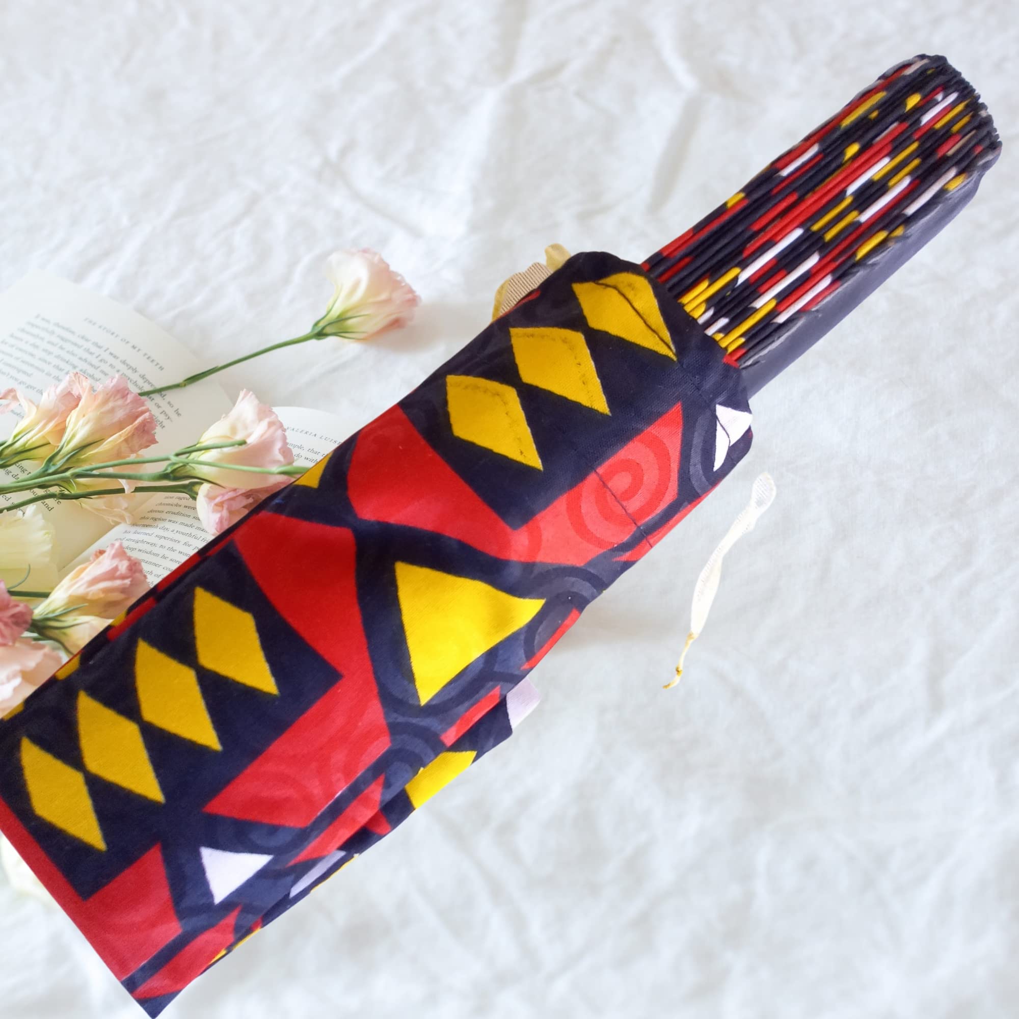 **African Handmade Round Folding Fan - Traditional Fabric Design - Elegant Handheld Cooling Fan for Travel, Weddings & Home Decor (Design 5)**