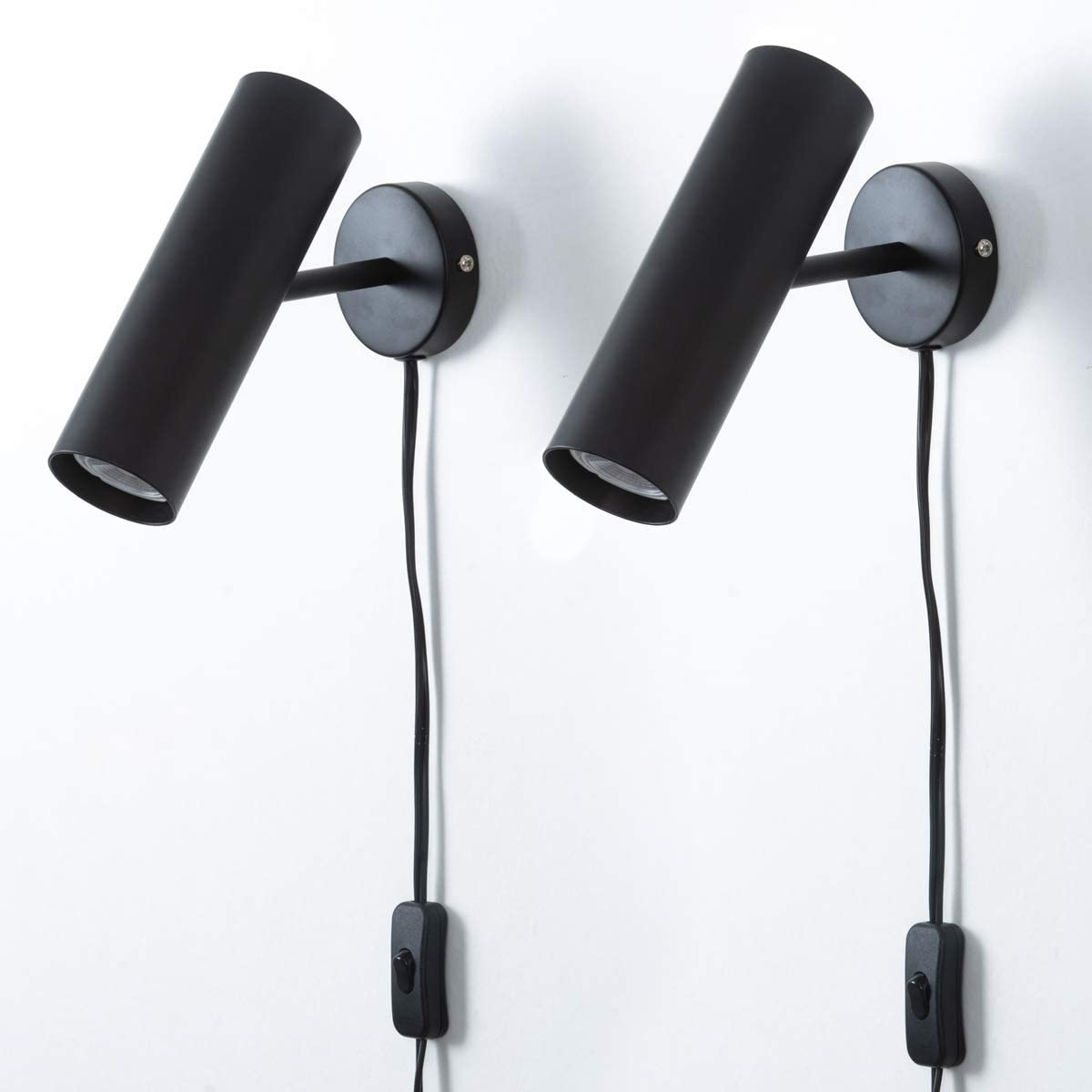 Modern Plug-in Wall Sconce - Minimalist Swivel Wall Lamp with On/Off Switch - Matte Black Finish - Set of 2 - Perfect for Bedroom, Mirror Display & Accent Lighting