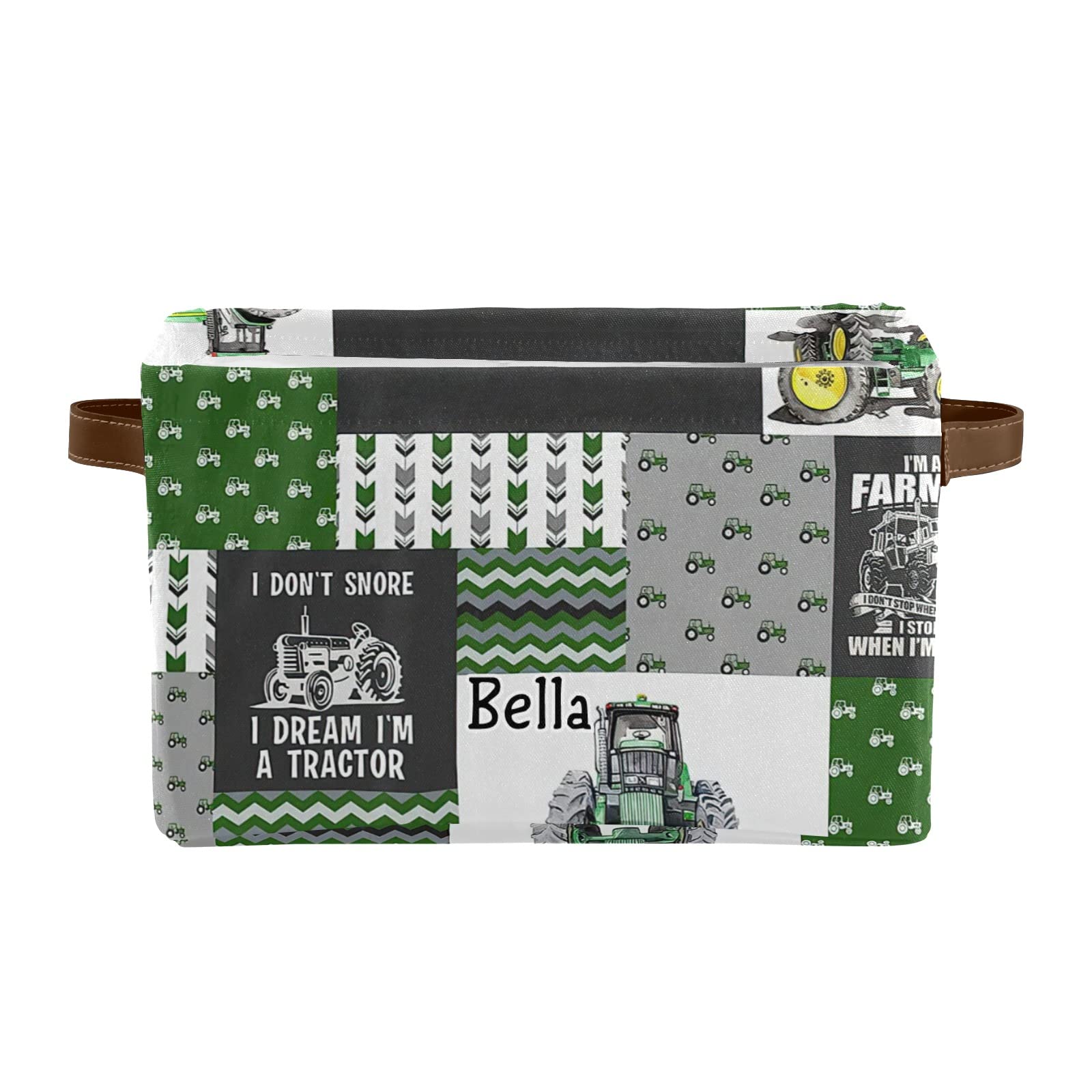 Personalized Green Tractor Farm Truck Canvas Storage Bins with Leather Handles - Custom Name Text - 2 Pack for Office, Bathroom, Nursery, Closet & Shelf Organization