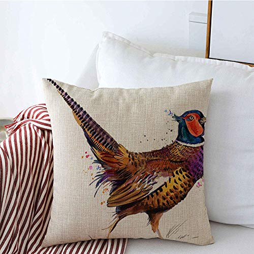 Decorative Linen Throw Pillow Covers 16x16 Inch - Colorful Watercolor Design with Pheasant, Peacock & Wildlife Animals in Yellow, Orange & Red - Perfect for Sofa, Couch & Home Decor