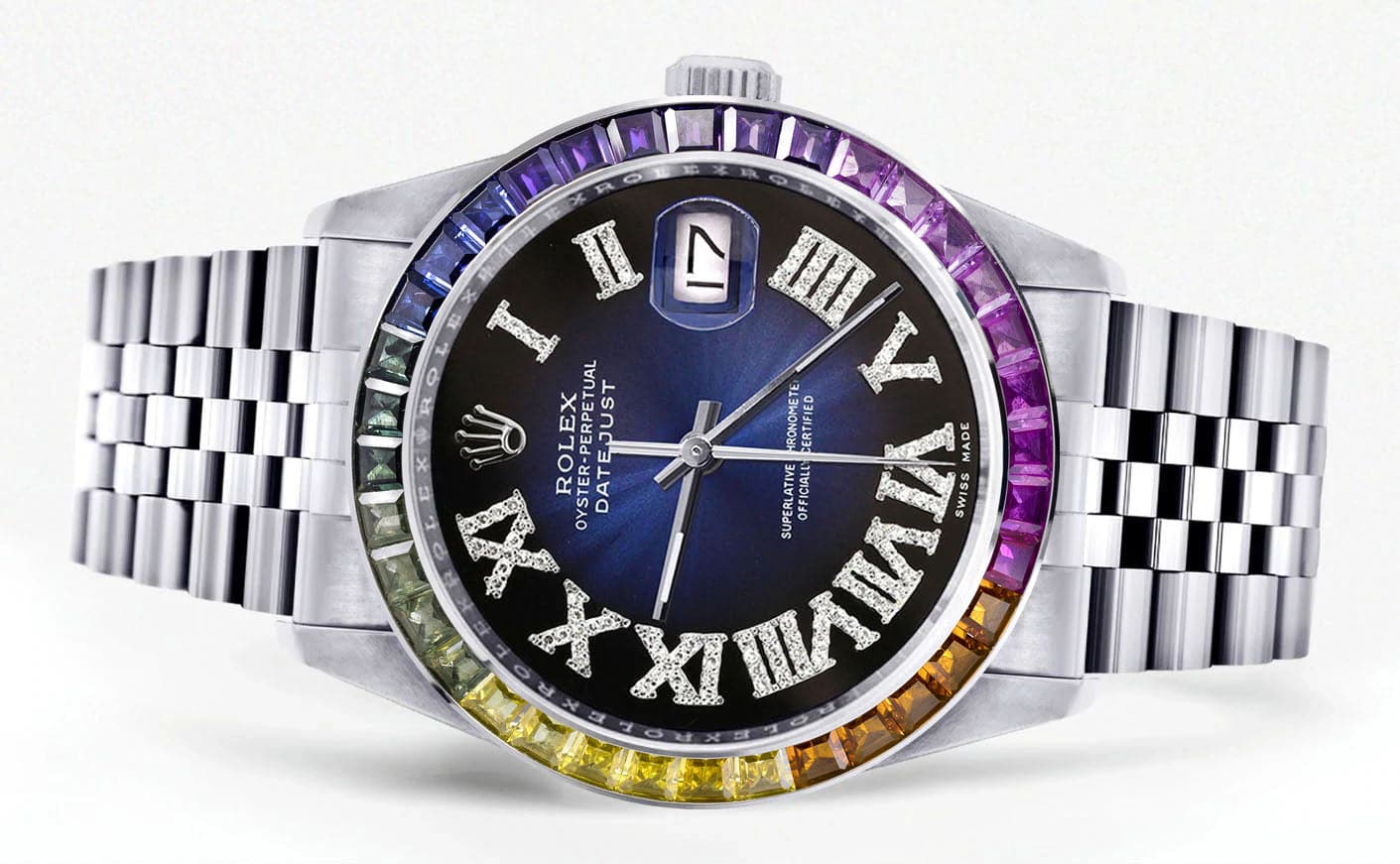 Luxury Diamond Gold Rolex Watch for Men 16200 | 36mm Rainbow Sapphire Bezel | Blue Black Roman Numeral Dial | Jubilee Bracelet | Perfect for Formal Events & Business Meetings