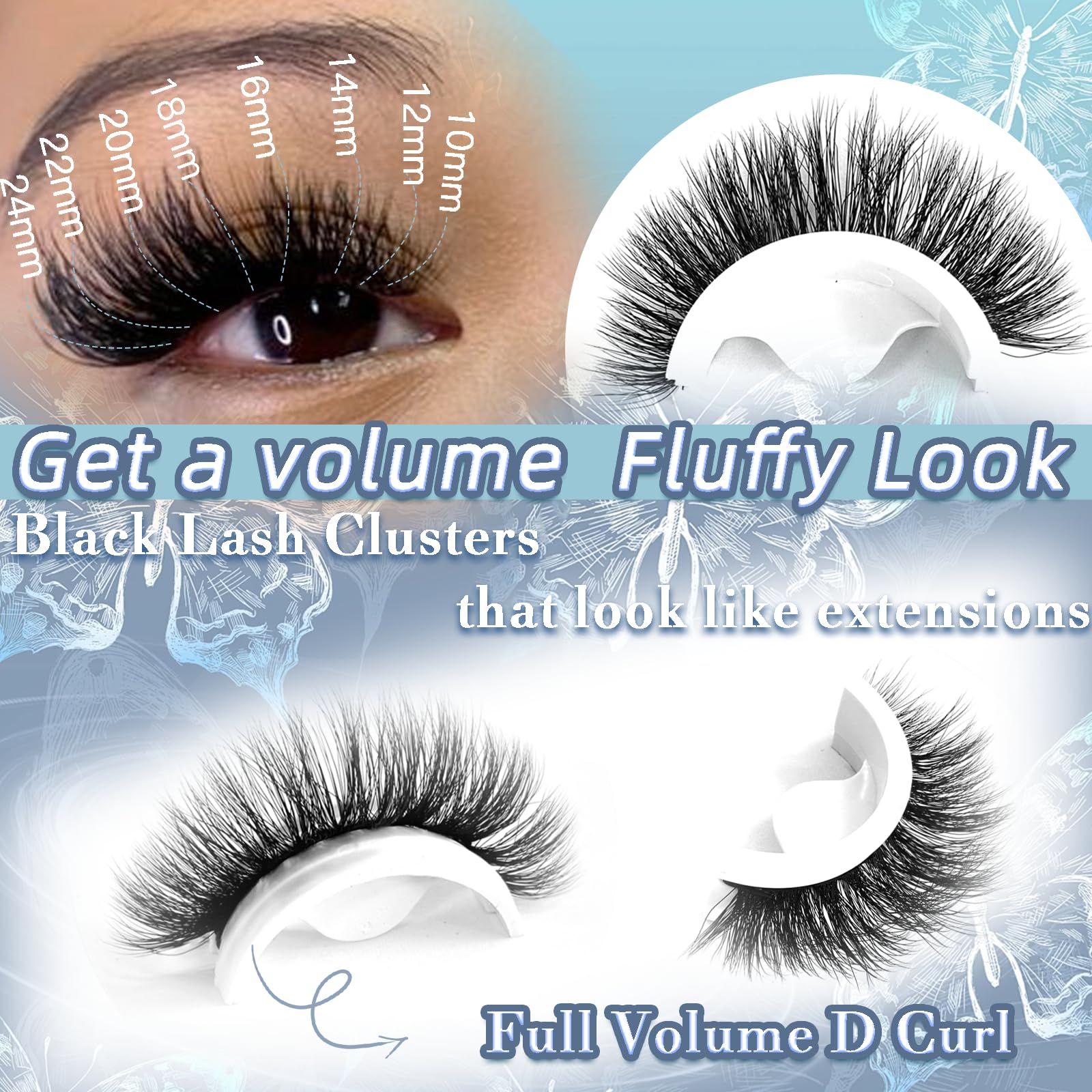 Fluffy 10-24mm Extra Long Thick 200D Cluster Eyelash Extensions - 200pcs Volume D Curl Wispy Individual Lashes with Plant Fibers | DIY False Eyelashes for Beginners | Perfect for Bridal, Party & Daily Makeup Looks - by FOINEMYED