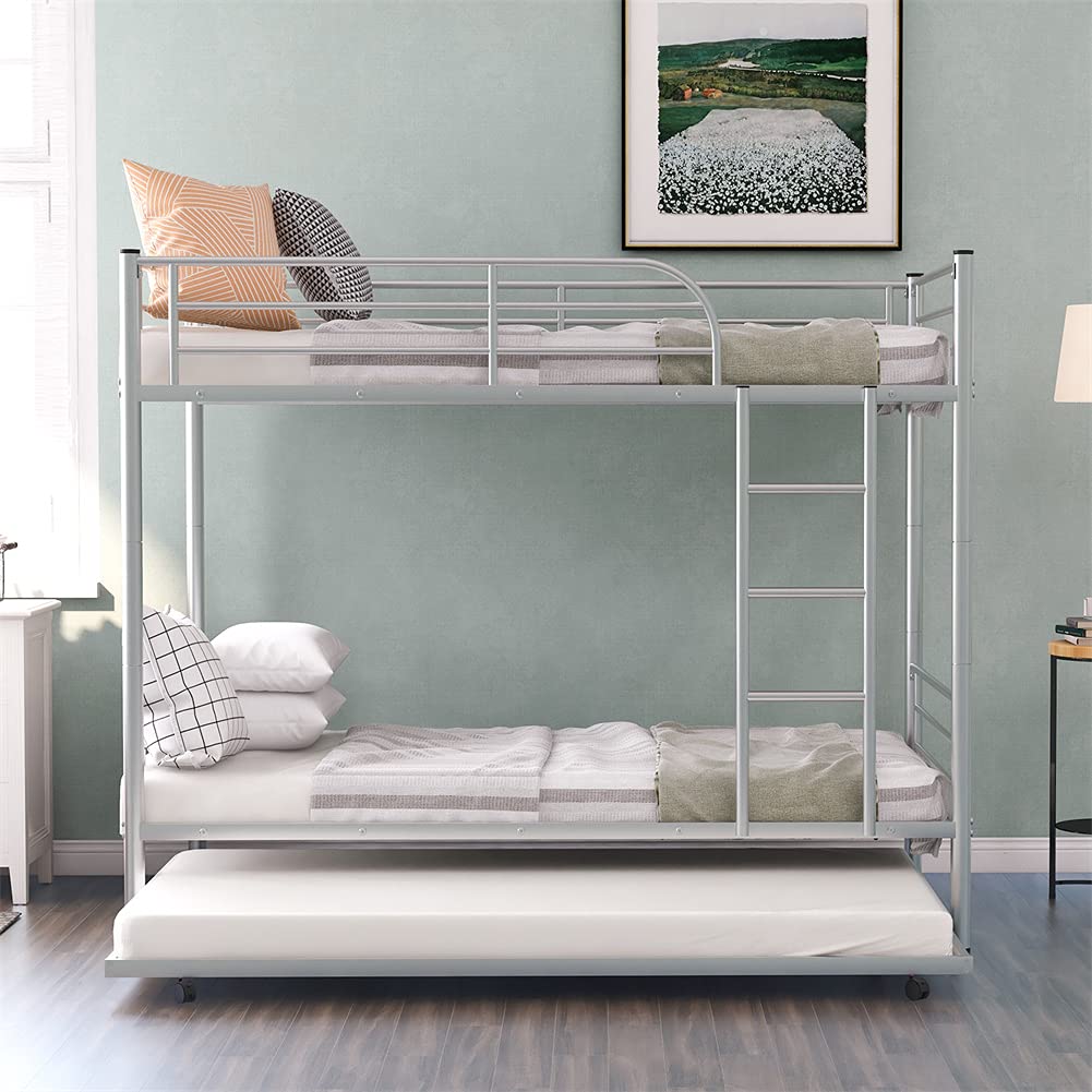 Metal Twin Over Twin Bunk Bed with Trundle - Convertible to 2 Separate Beds, No Box Spring Required (Silver) | Space-Saving Kids Bedroom Furniture for Small Rooms, Guest Rooms & Vacation Homes