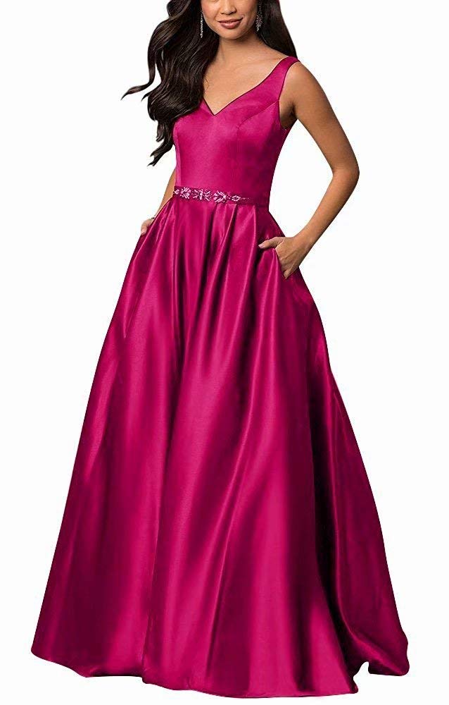 Elegant A-Line V-Neck Prom Dress with Lace-Up Back & Pockets for Evening Gala