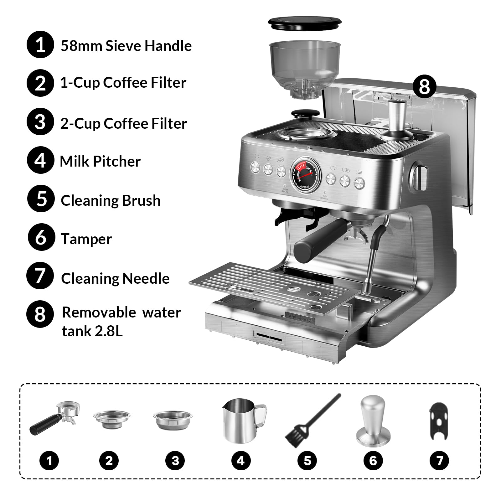 Professional 20 Bar Espresso Coffee Machine with Built-in Grinder & Milk Frother, 2.8L Water Tank, 15 Grinding Settings - Perfect for Home Baristas Making Espresso, Cappuccino & Latte | Ideal for Kitchen Countertops, Office Break Rooms & Small Cafés