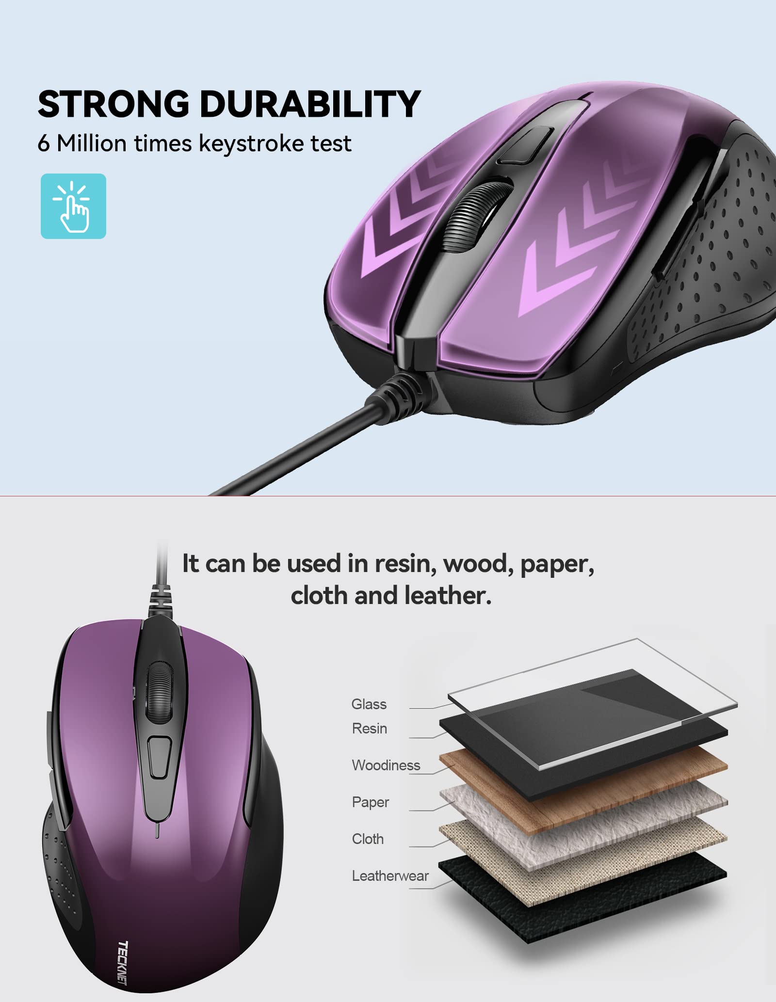 TECKNET USB Wired Mouse - 6-Button Ergonomic Optical Mouse with 4 Adjustable DPI (1600/2400/3200/4800) & 5FT Cord - Perfect for Laptop, Chromebook, PC, Desktop, Mac (Purple) | Ideal for Office Work, Gaming & Home Use