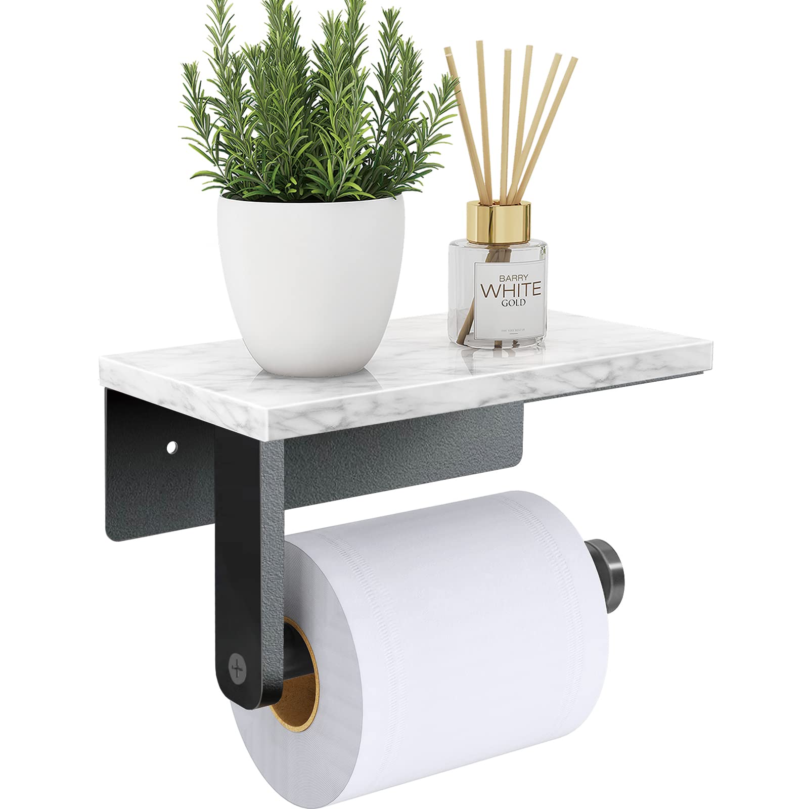 Premium Matte Black Marble Toilet Paper Holder with Shelf - 304 Stainless Steel Wall Mounted Bathroom Tissue Roll Holder - Perfect for Modern Bathrooms, Powder Rooms & Luxury Washrooms