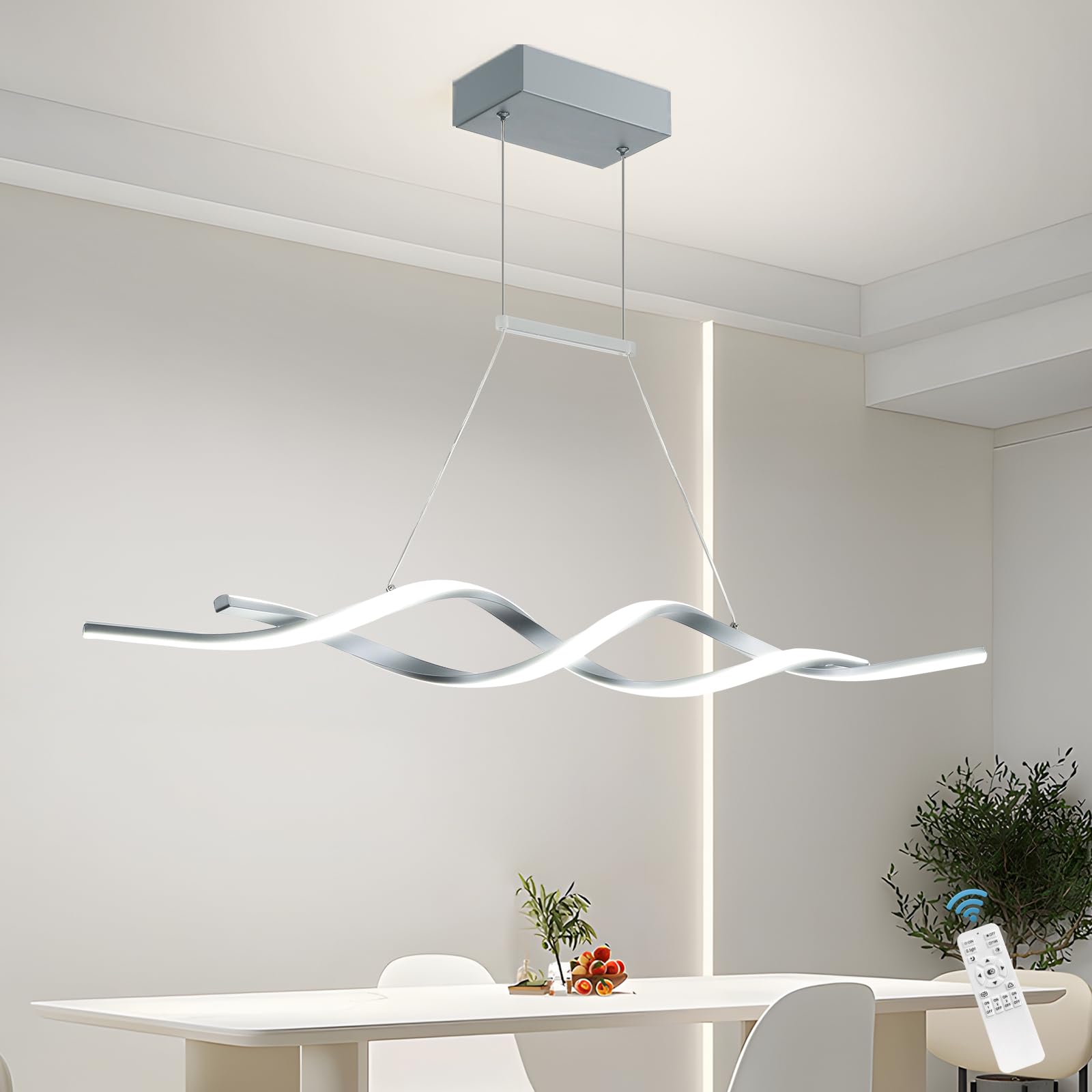 Jaycomey Modern LED Pendant Light Fixture - Dimmable Wave Shape Chandelier with Remote Control, 3000K-6000K Color Temperature, 28W Acrylic & Aluminum Hanging Light for Dining Room, Kitchen Island, Restaurant, Bar, Living Room - Gray