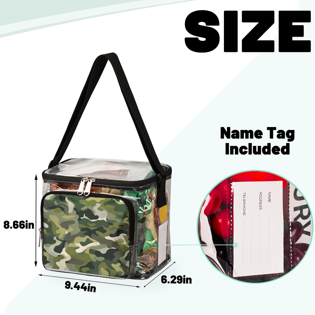 GzLeyigou Military Camouflage Clear Tote Bag with Handles - Fashion Camo Green Transparent Crossbody Shoulder Bag for Lunch, Outdoor, Travel, Picnic, Concerts & Sports Events | Stadium Approved Multipurpose Carry-On | Perfect for School, Beach, Shopping and Festival Use