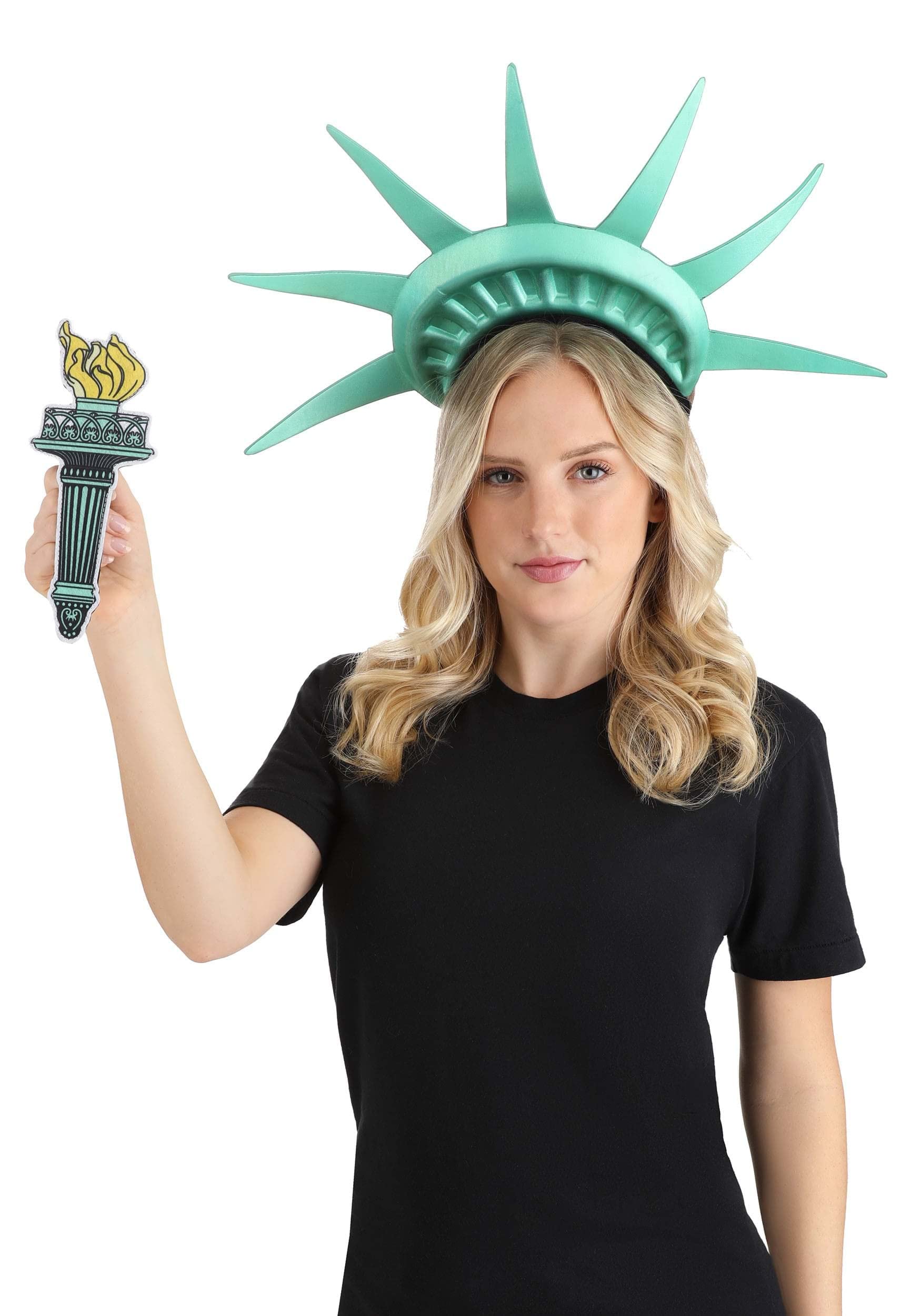 Statue of Liberty Costume Accessory Kit - Polyester Foam Crown with Metallic Green Finish & Felt Torch for Halloween, Cosplay, and Patriotic Events