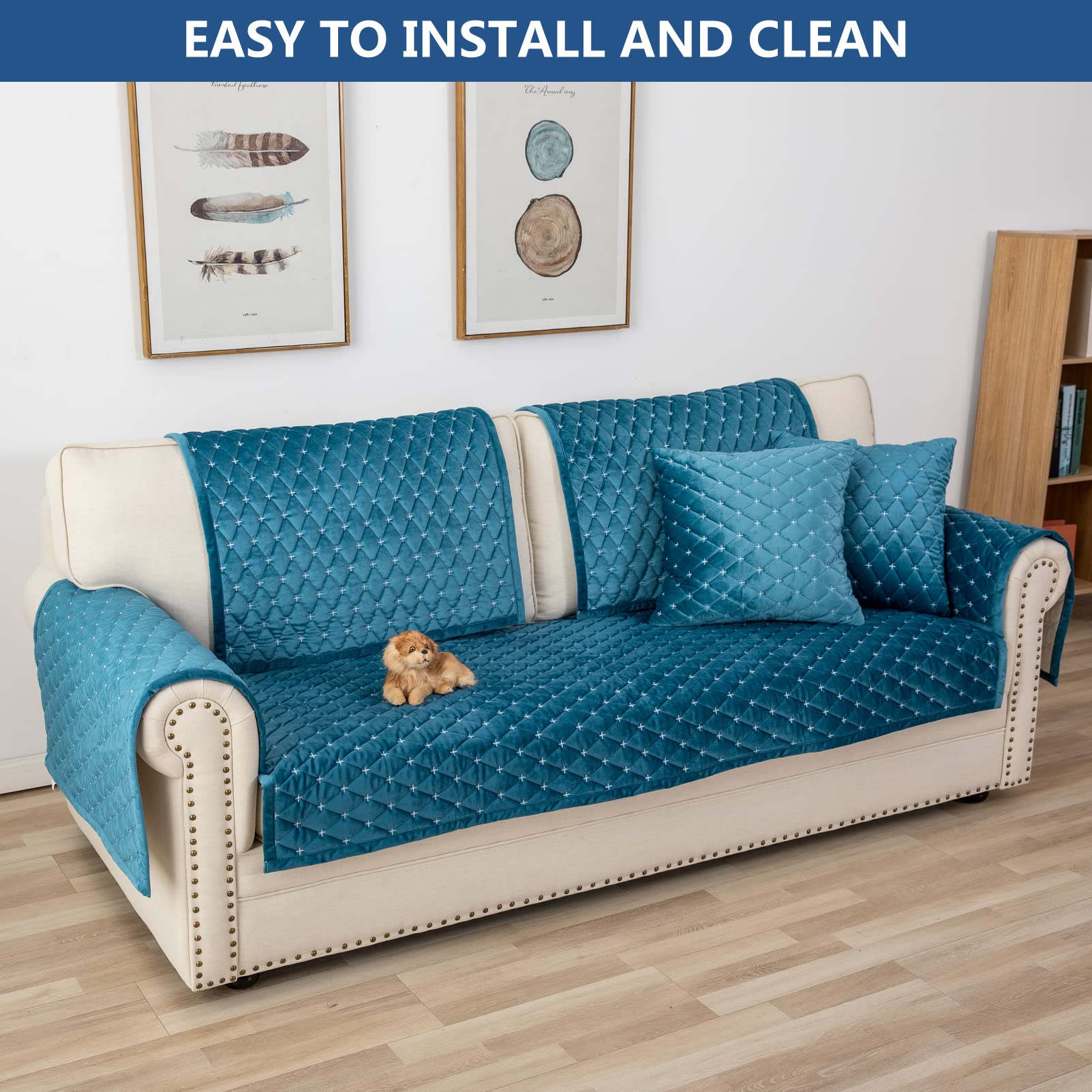 Eismodra 3-Cushion Sofa Cover - Anti-Slip Sectional Couch Cover for Pets & Kids (36''x82'', Blue) - Perfect for Living Room, Family Room & Pet-Friendly Homes