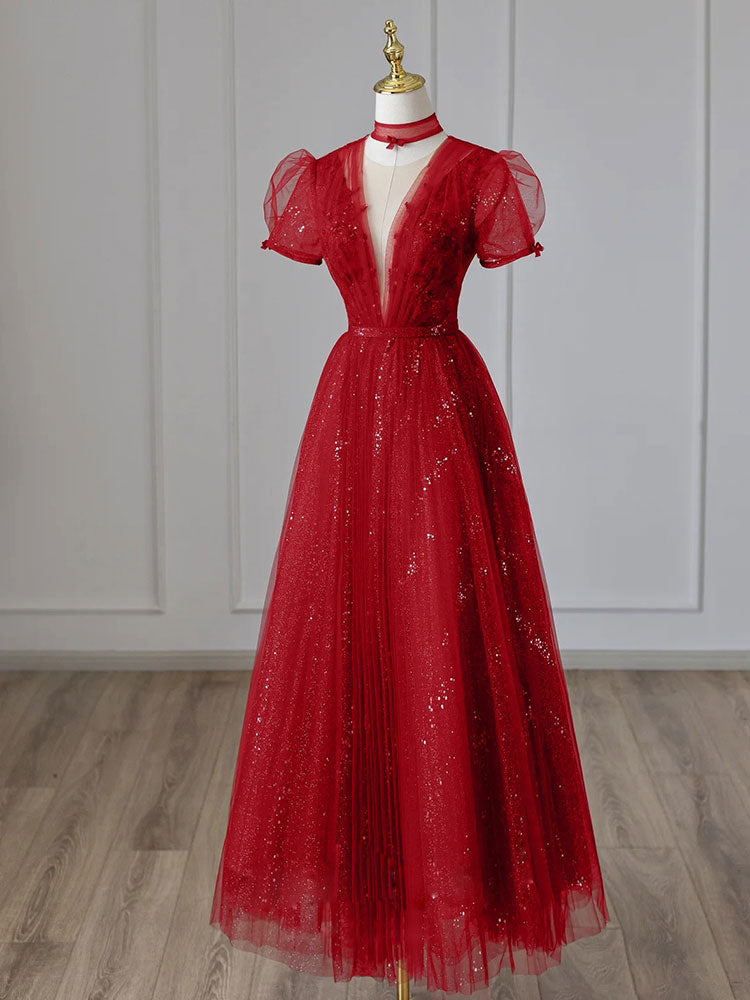 Elegant Burgundy Tulle Sequin Long Prom Dress for Women - Formal Evening Gown for Homecoming, Ball, Wedding & Special Occasions