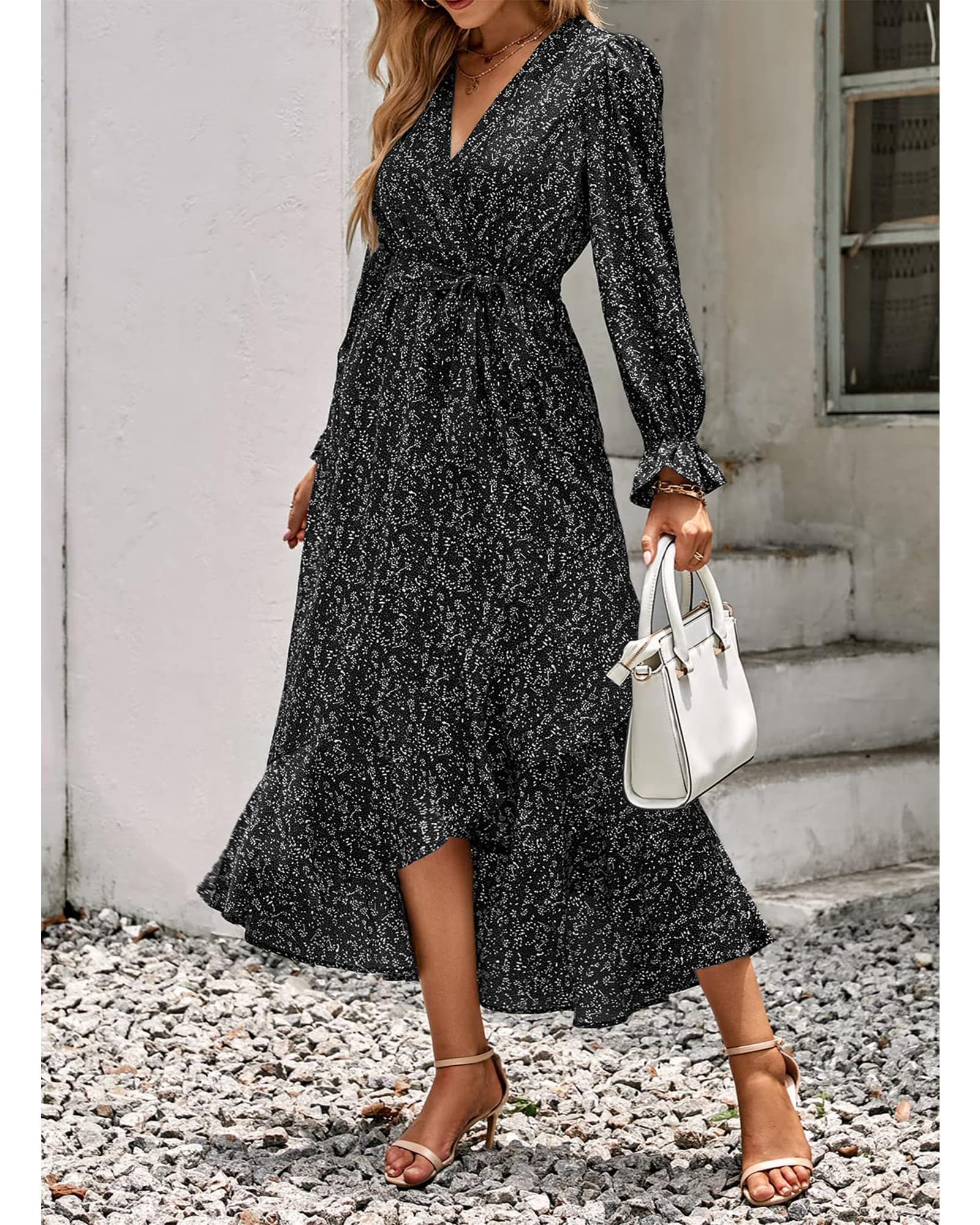 BTFBM Women's Long Sleeve Floral Boho Dress - V Neck High Waist Ruffled Summer Wedding Guest Dress for Spring & Summer 2025 | Perfect for Garden Parties, Bridal Showers & Casual Events