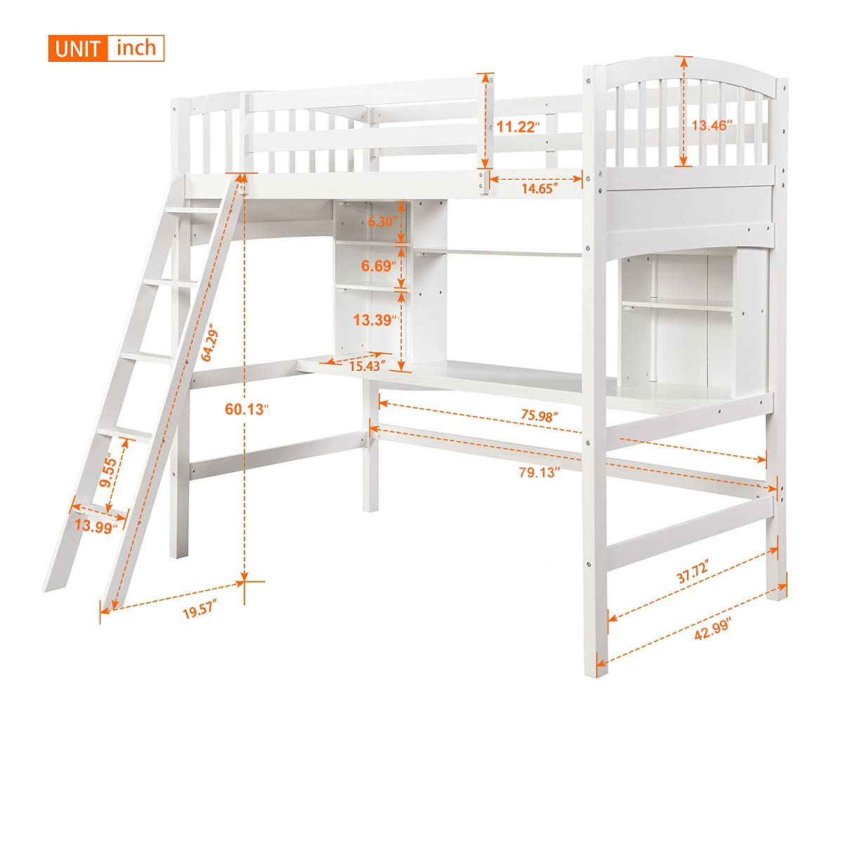 Merax Twin Loft Bed with Desk - Solid Wood Twin Size Loft Bed Frame with Shelves in White | Space-Saving Kids Bedroom Furniture for Small Rooms & Dorm Organization