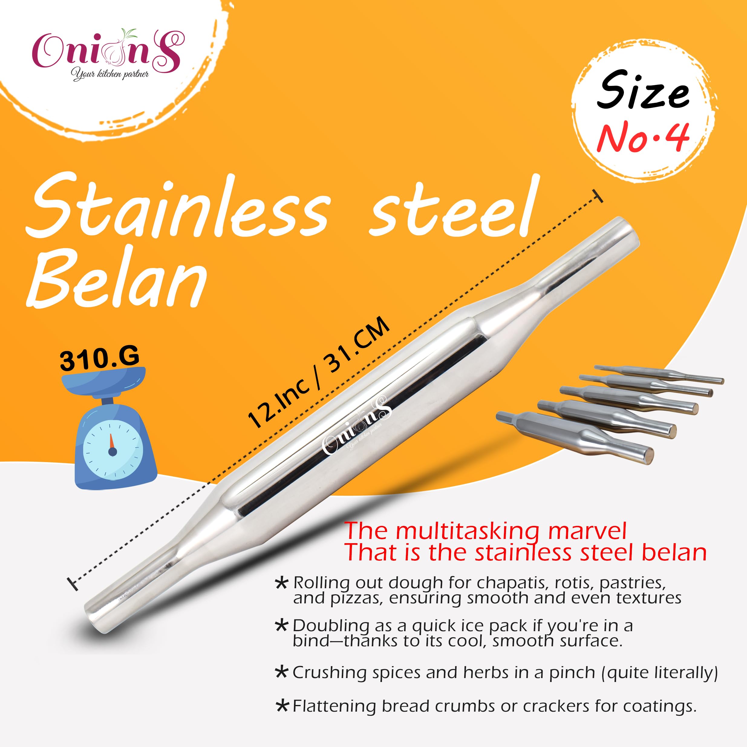 Premium Stainless Steel Belan Rolling Pin for Roti & Chapati - Heavy Duty Kitchen Dough Roller for Indian Cooking, Baking & Pastry Making | Ideal for Roti, Paratha, Puri & Flatbread Preparation