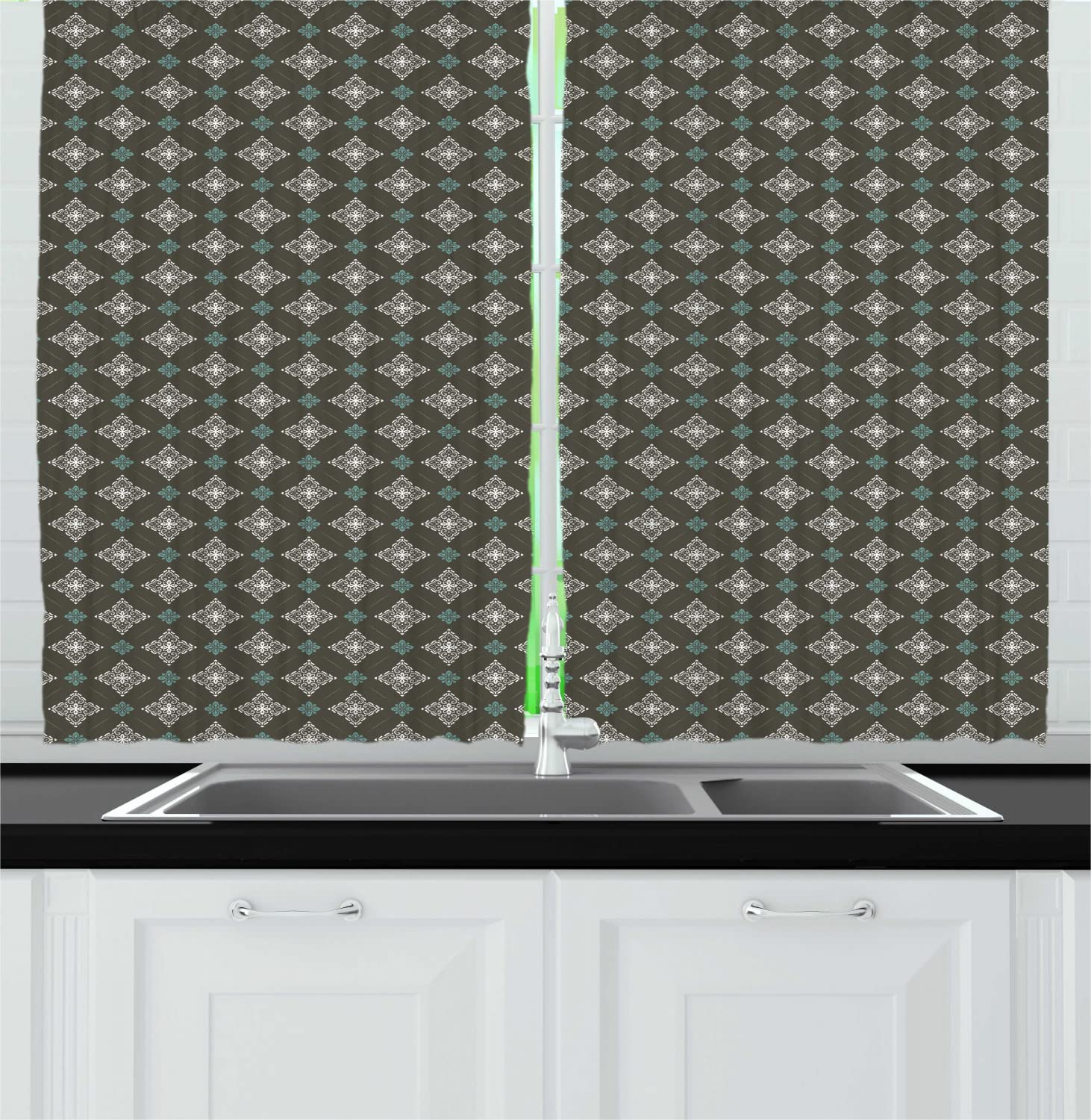 Ambesonne Damask Long Kitchen Curtains - Victorian Rococo Floral Design with Boho Chic Style, 2 Panel Rod Pocket Drapes 55x45 Inches in Army Green & White - Perfect for Vintage & Bohemian Home Decor, Dining Room & Window Treatments