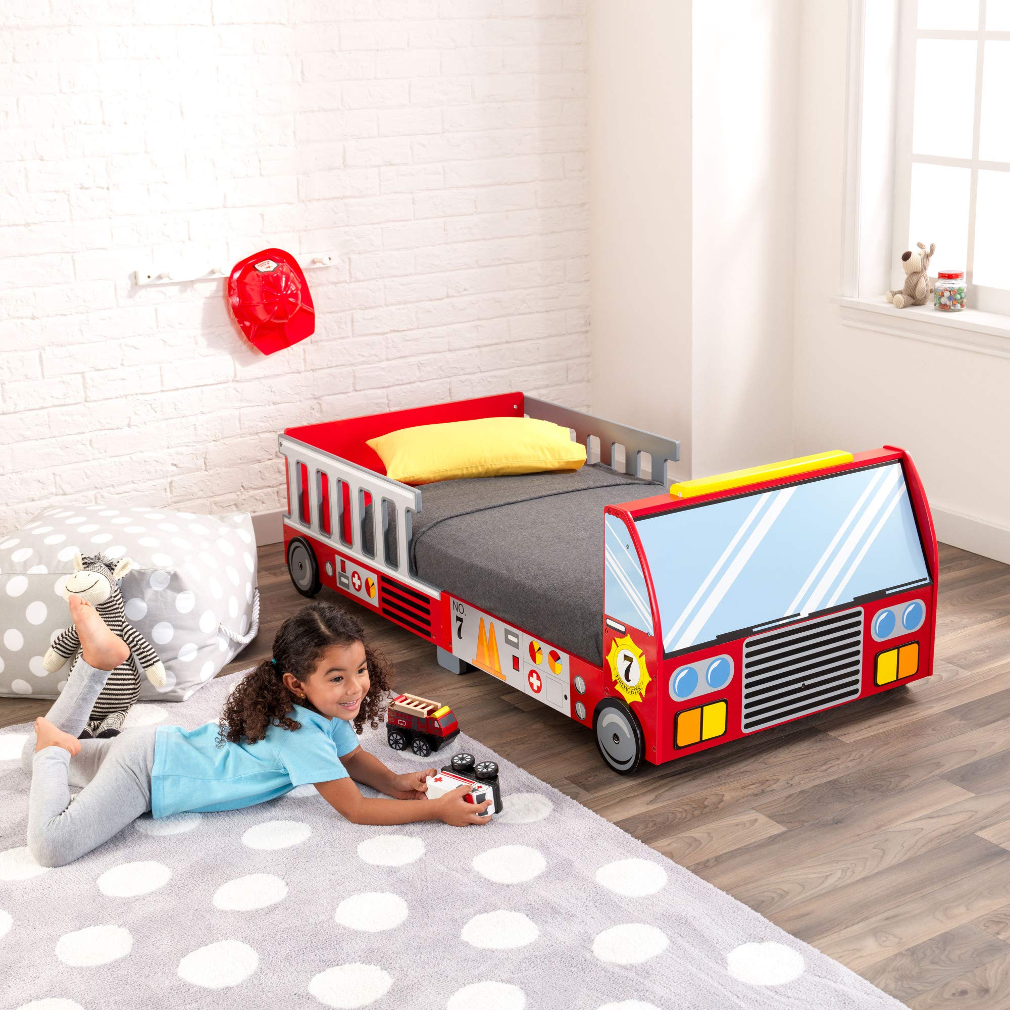 KidKraft Red Fire Truck Wooden Toddler Bed with Safety Guard Rails - Children's Furniture for Boys & Girls Ages 15 Months+ | Perfect for Themed Bedrooms, Daycare Centers & Gift Ideas