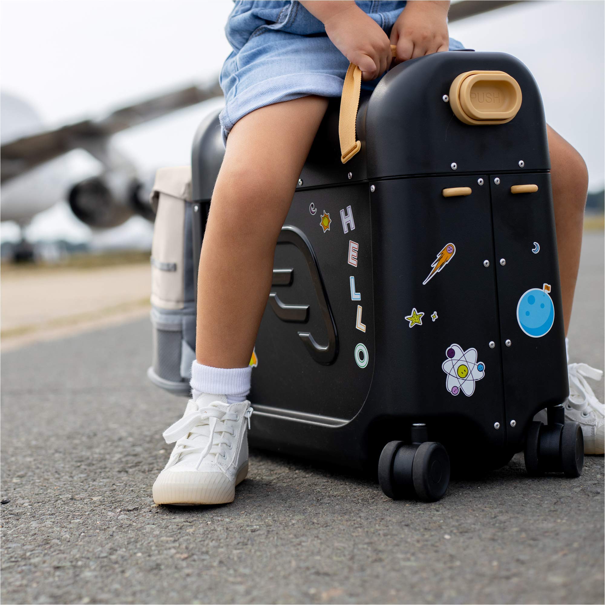 JetKids Stokke Travel Bundle for Toddlers 2-7 Years (77 lbs) - Blue Ride-On Suitcase with BedBox & Backpack - Airplane Essentials for Kids Travel, Road Trips & Family Vacations