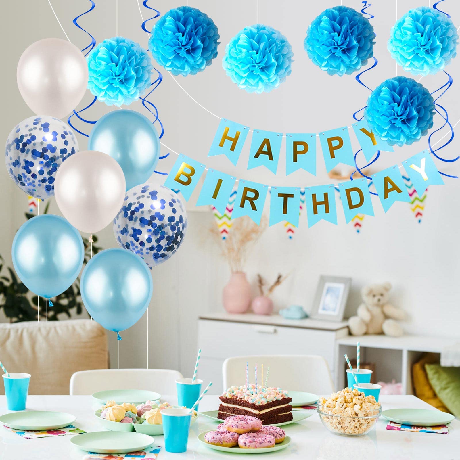 Blue Birthday Party Decorations Kit - HAPPY BIRTHDAY Banner, Spiral Charm, Paper Flower Ball & Balloons for Boys & Girls | Birthday Party Supplies for Indoor/Outdoor Decor