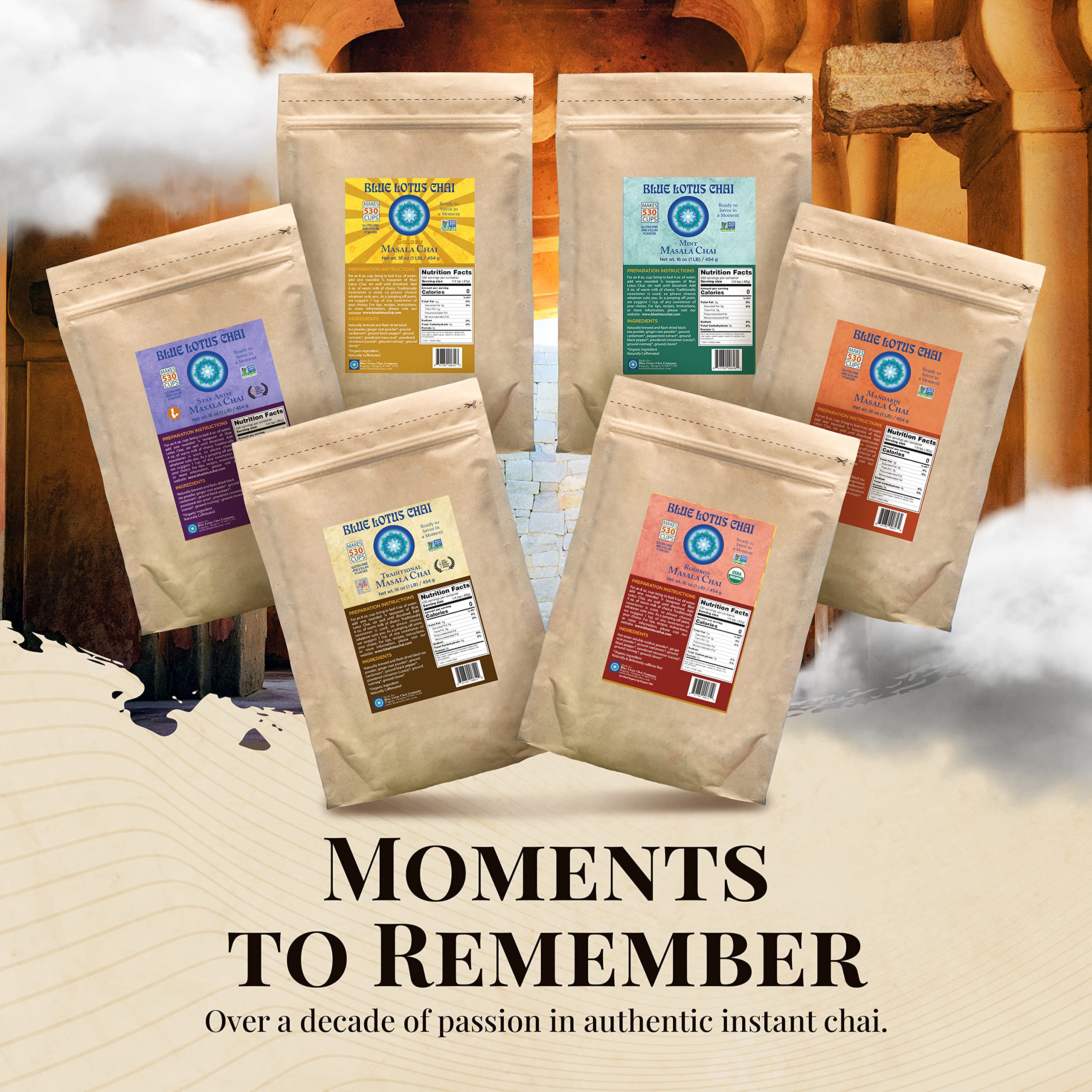 Blue Lotus Chai - Authentic Masala Chai Powder (1lb Bulk Bag) - Organic Spiced Indian Tea Mix - Makes 530 Cups - Instant, No Steeping, Gluten-Free - Perfect for Home, Office & Gifting