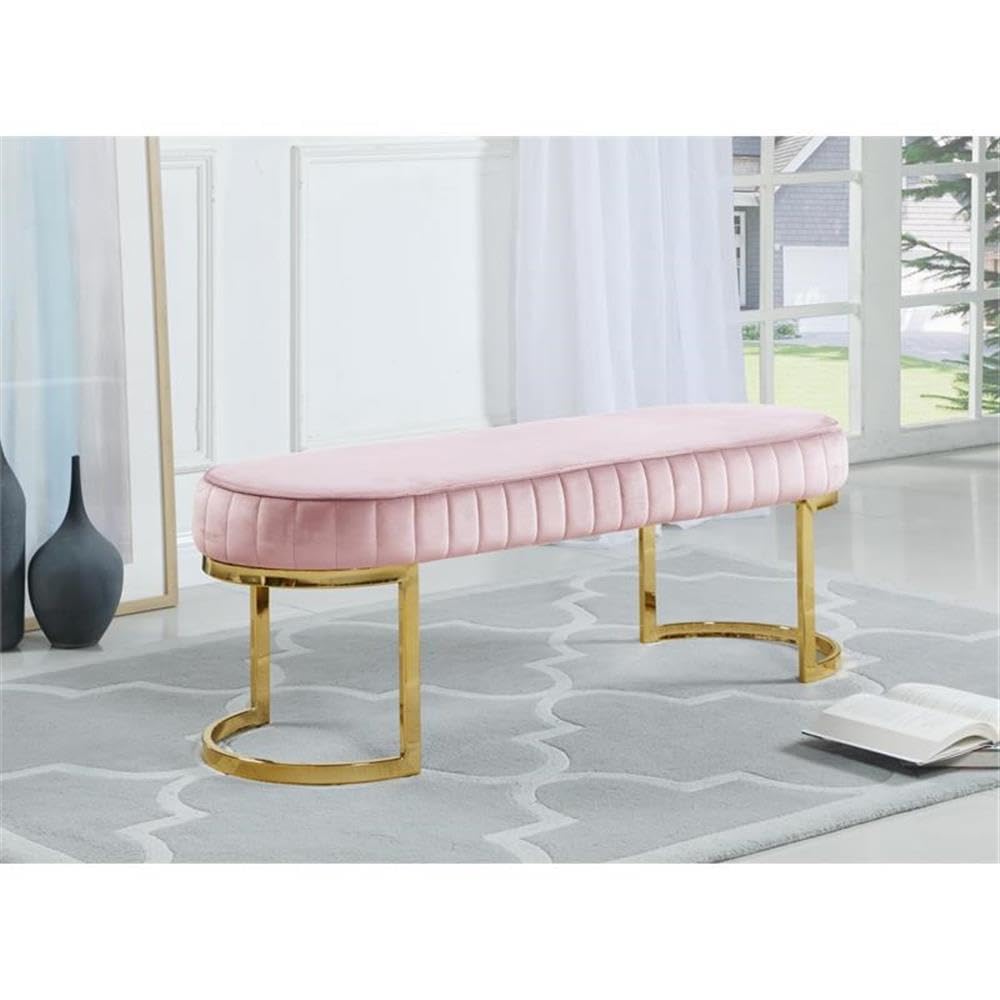 MAKLAINE Contemporary Upholstered Velvet Bench in Pink - Modern Living Room Seat, Bedroom Footstool & Entryway Decor