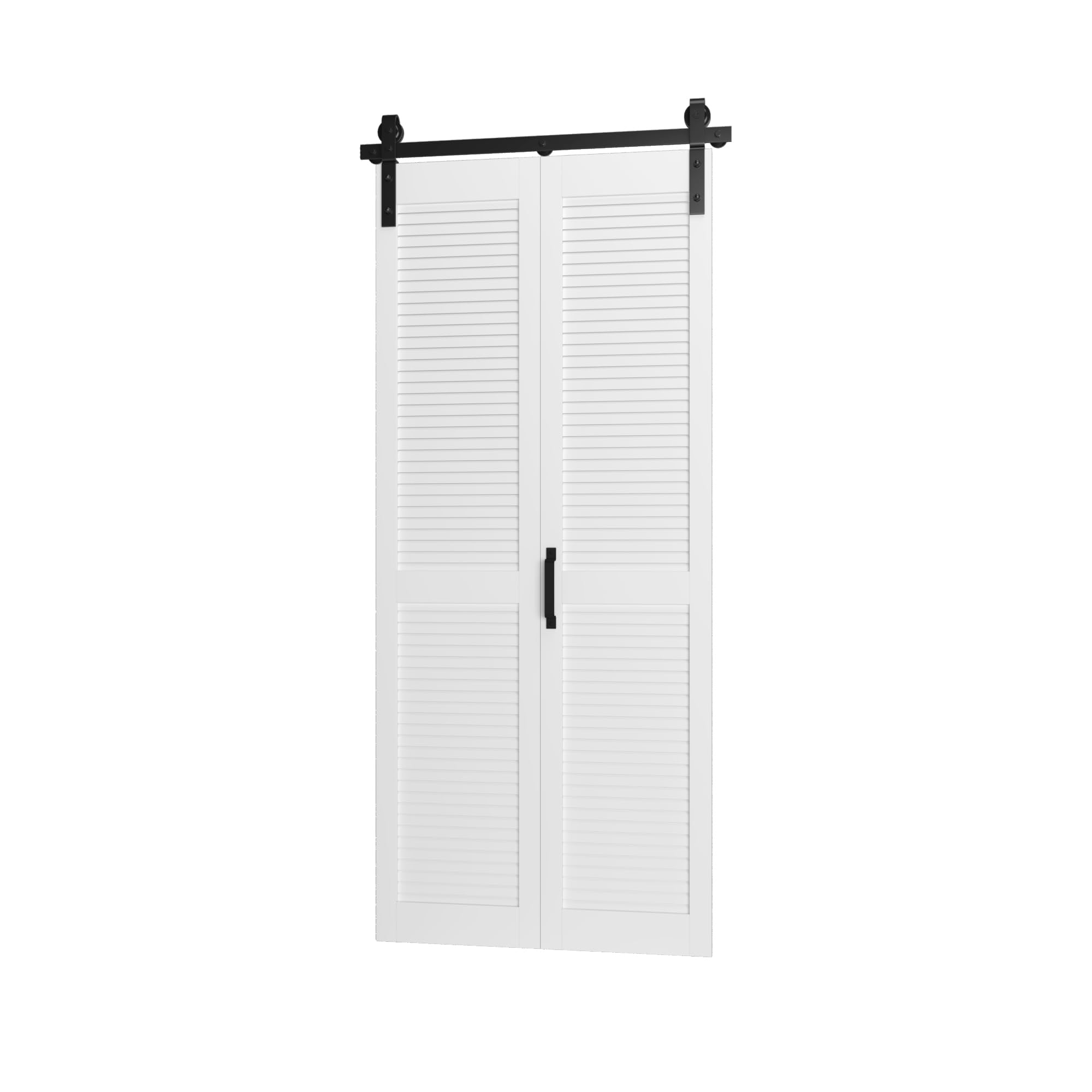 30in x 84in White MDF Bifold Sliding Barn Door with Louver Design - Includes 3.3FT Track & Hardware for Easy DIY Assembly - Perfect for Closets, Bedrooms & Farmhouse Style Homes