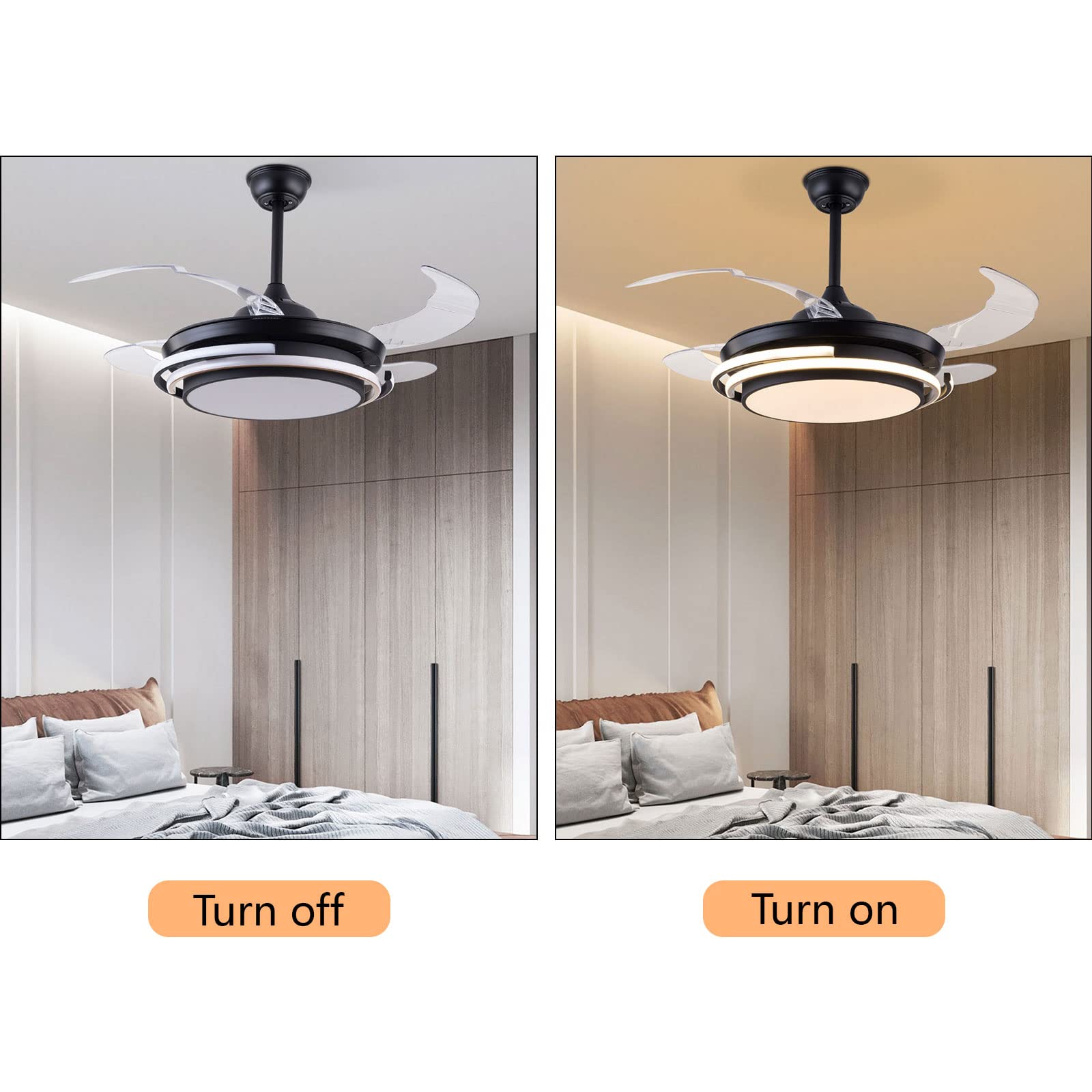 42 Inch Smart Retractable Ceiling Fan with LED Light & Remote - Modern Dimmable Invisible Ceiling Fan, Ultra Quiet for Bedroom, Living Room & Office - Black Energy Efficient Design