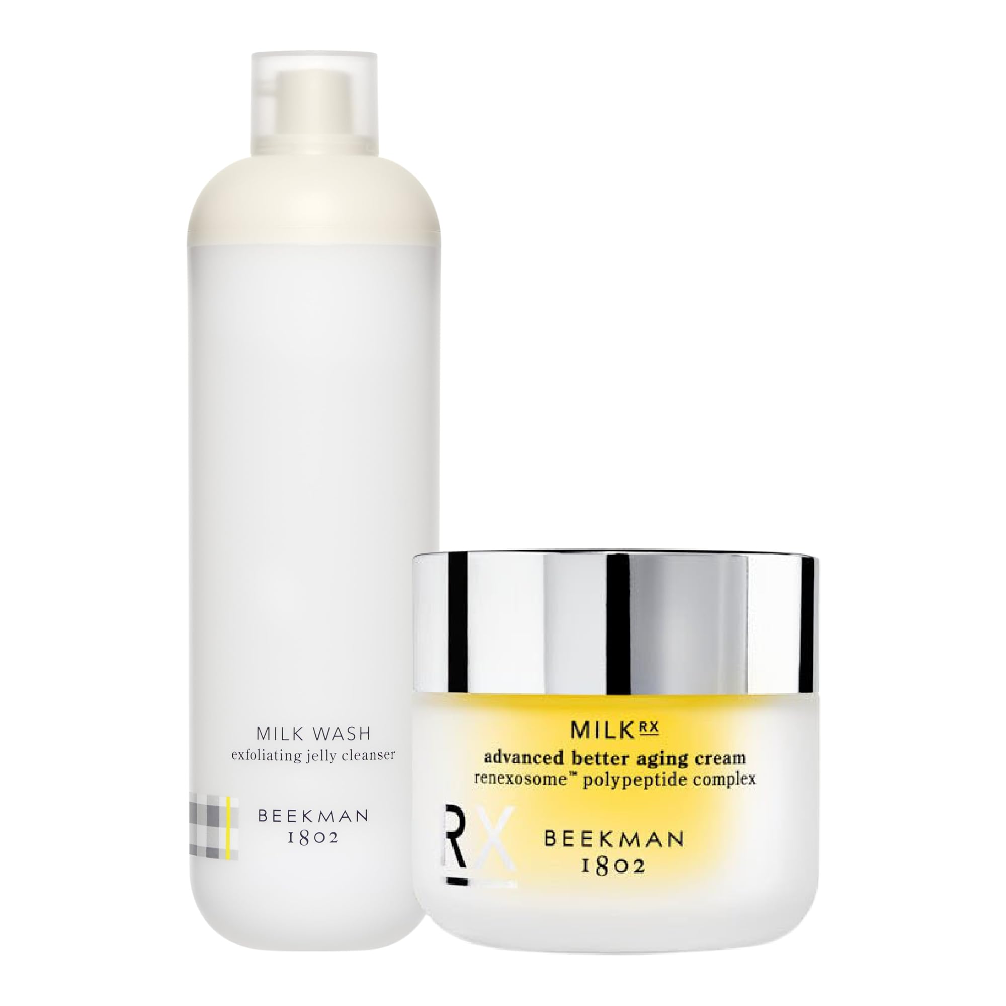 Beekman 1802 Milk Wash Exfoliating Jelly Face Cleanser & Milk RX Advanced Better Aging Cream Set - Fragrance Free, Cruelty Free Skincare Duo for Sensitive Skin - Gentle Exfoliation & Anti-Aging Moisturizer for Daily Face Care Routine