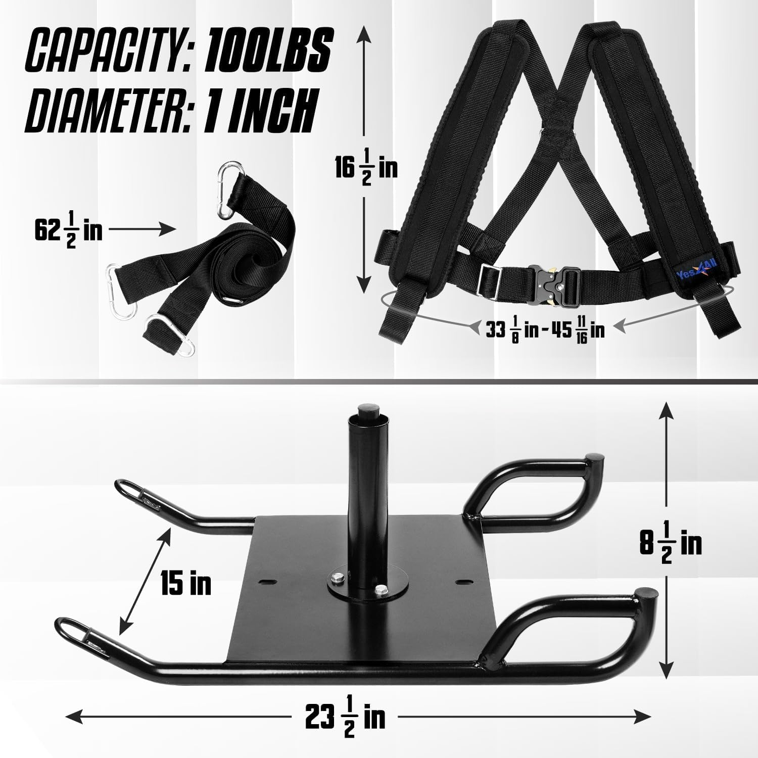 Yes4All Weighted Training Pull Sled with Vest & Steel Buckle - Compatible with 1-2 Inch Weight Plates - Heavy Duty Sled Workout Equipment for Athletic Training, Speed Drills & Strength Building - Perfect for Football, Track & CrossFit Training