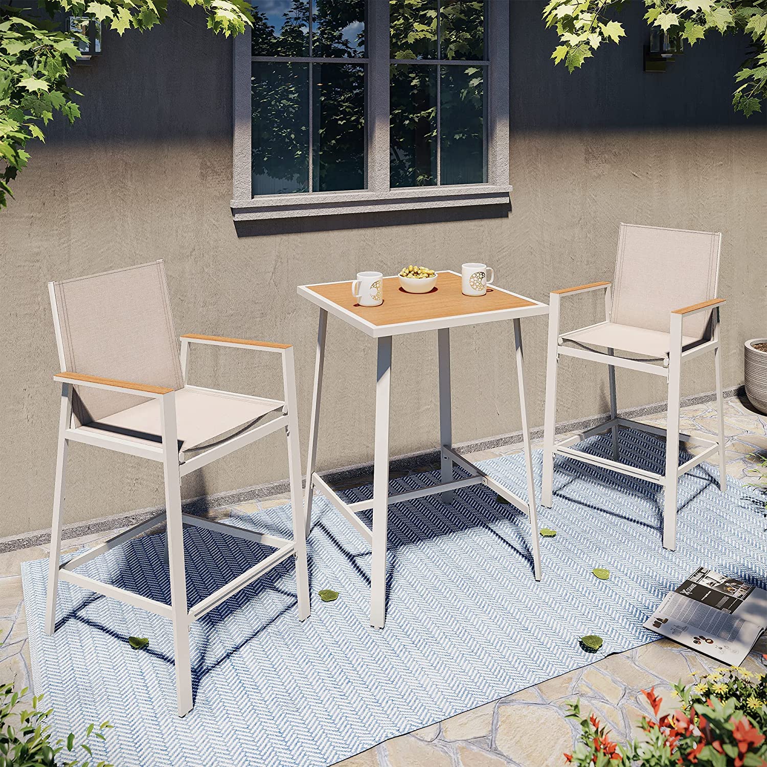 LAUSAINT HOME 3-Piece Patio Bar Set - All-Weather Textilene Outdoor Bar Table & Chairs with Wood-Look Tabletop, Metal Counter-Height Stools - Perfect for Garden, Deck, Balcony, Backyard & Poolside Relaxation