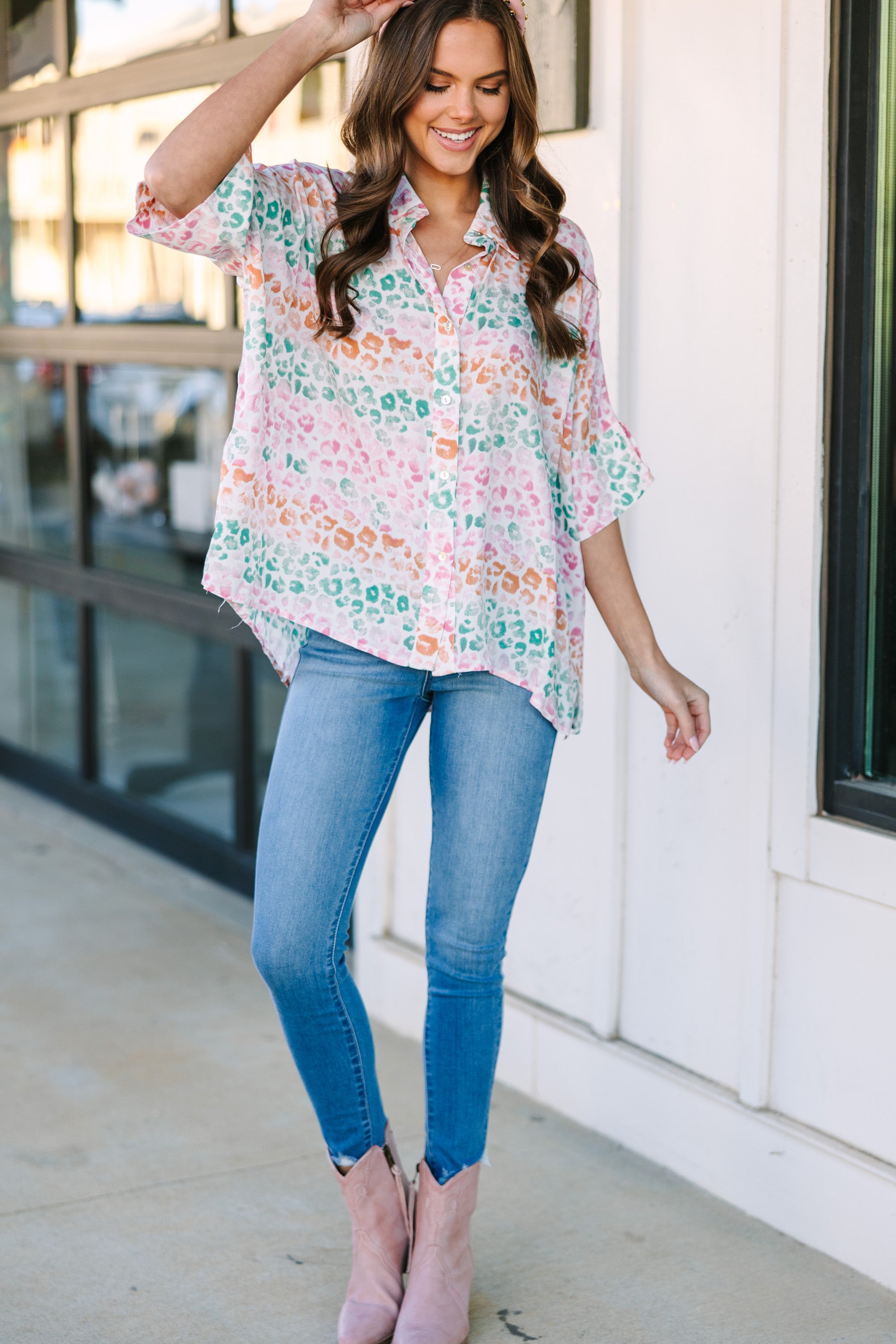 Stylish Pink Leopard Print Blouse for Women - Trendy Casual Top for Office, Date Night & Weekend Outings