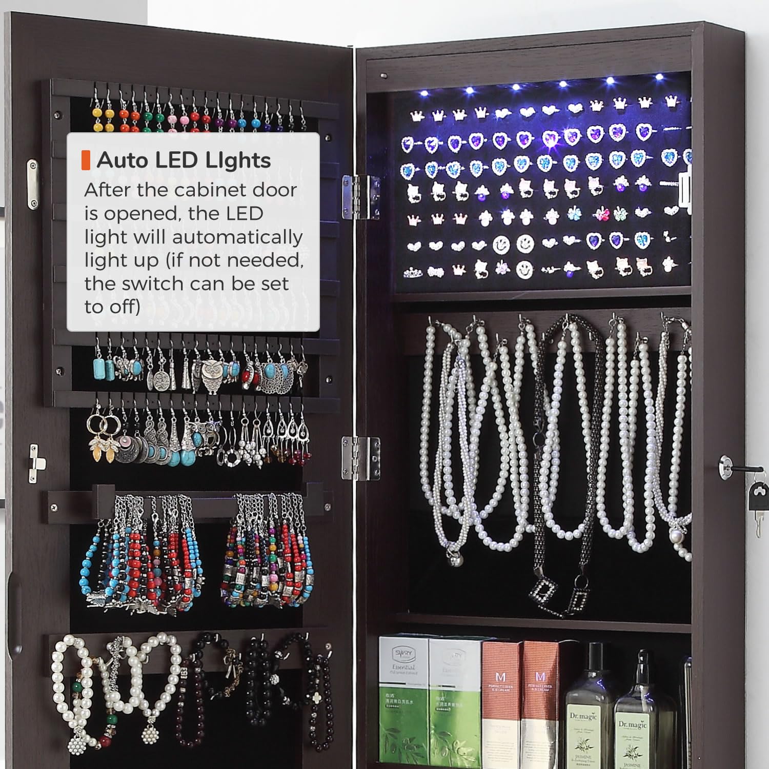 GISSAR Full Length Mirror Jewelry Cabinet with 6 LED Lights - Wall Mounted Over The Door Hanging Jewelry Organizer - Lockable Storage for Necklaces, Rings & Accessories - Brown (14.6