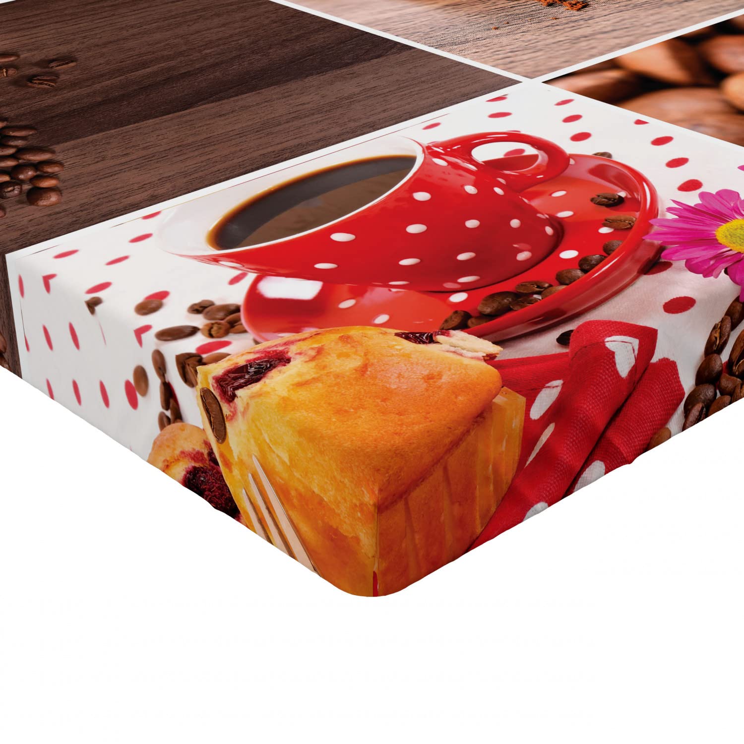 Ambesonne Coffee Themed Fitted Sheet - Twin XL Size, Brown Red, Deep Pocket with All-Round Elastic | Coffee Mug, Polka Dots, Flowers, Beans & Muffins Photography Design | Perfect for Bedrooms, Dorms, Guest Rooms & Coffee Lovers