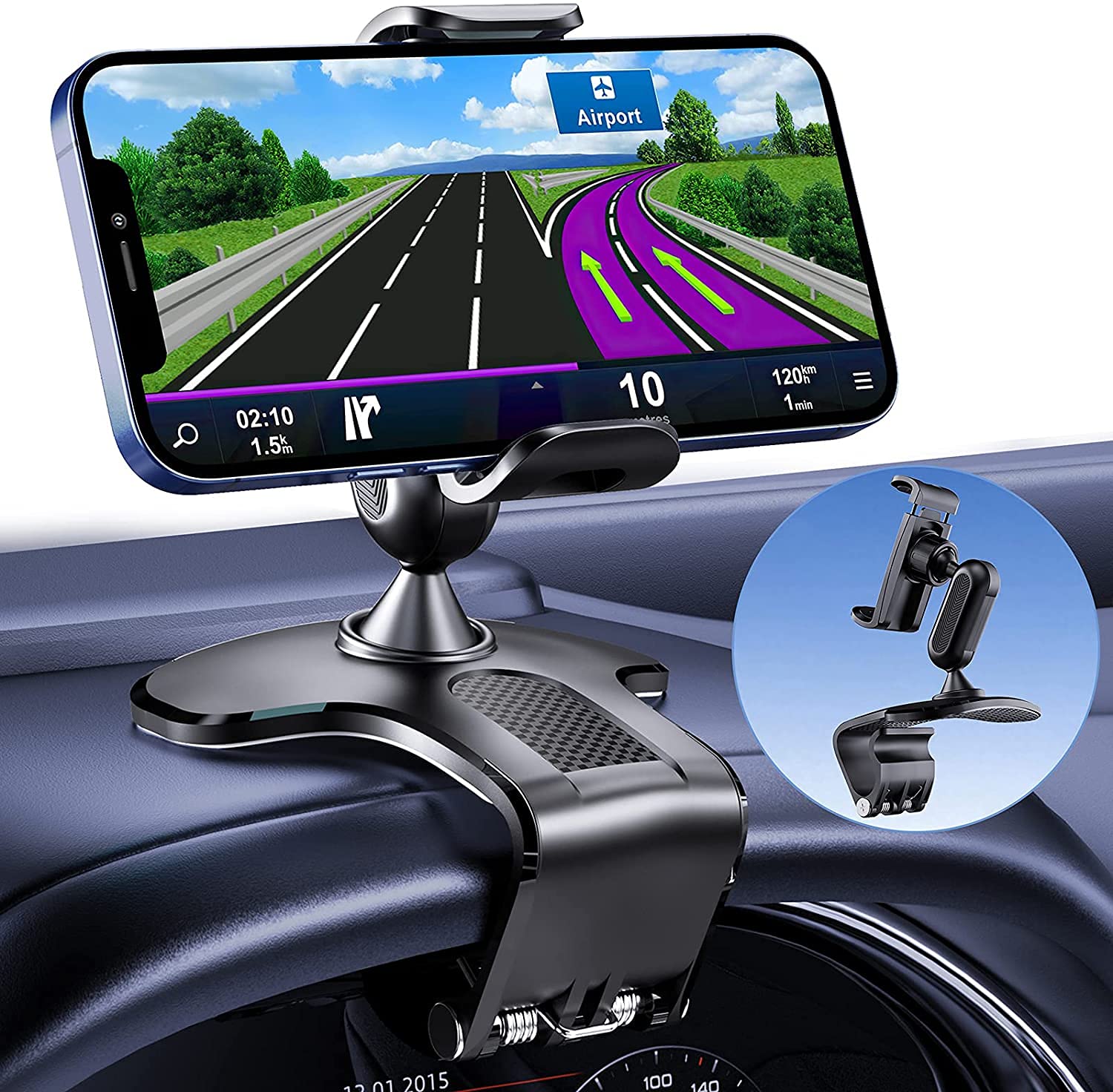 BEENLE 360-Degree Rotating Car Phone Holder Mount - Universal Dashboard Clip Stand for iPhone, Samsung, Google Pixel (4-7 Inch) - Perfect for GPS Navigation, Hands-Free Calling & Road Trips