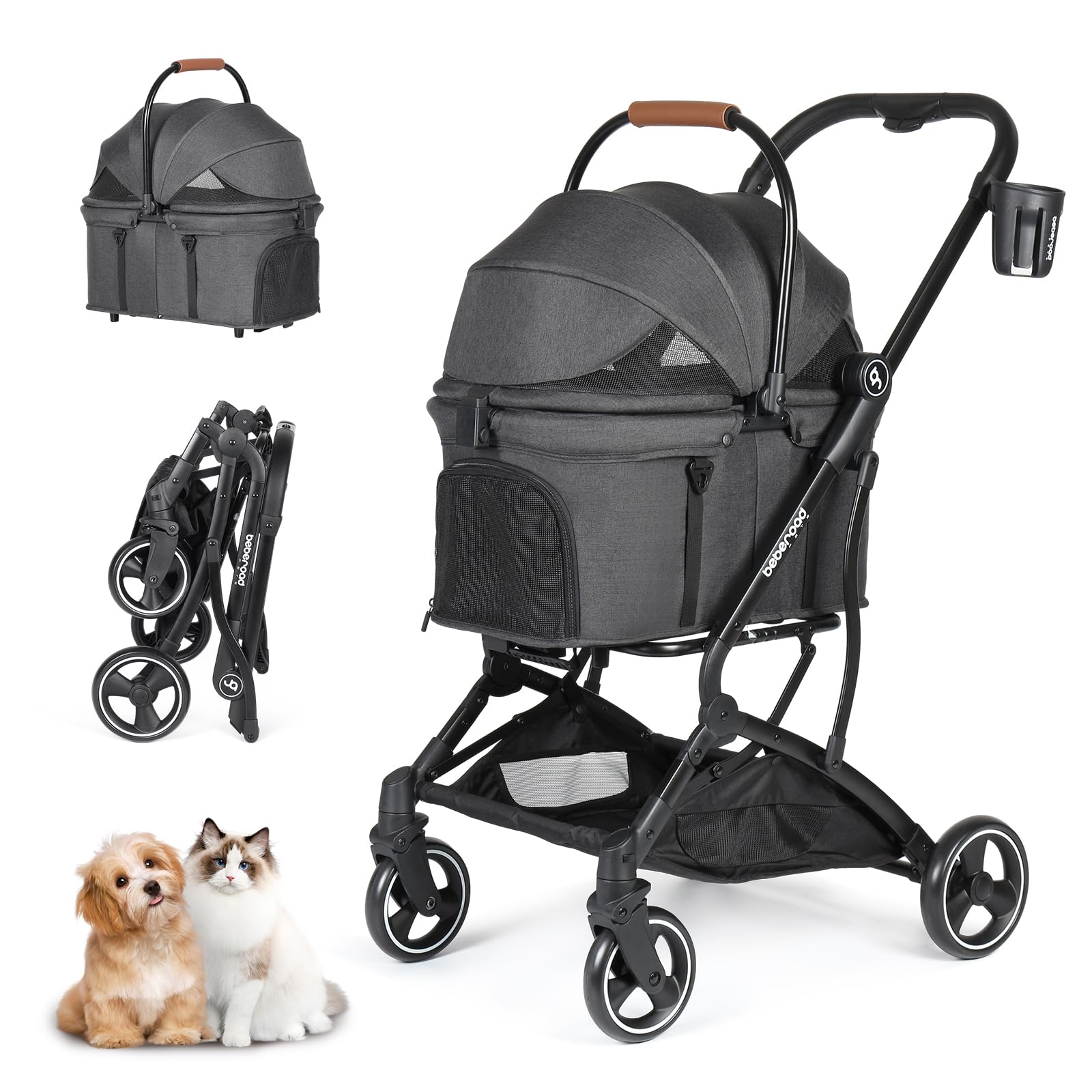 T3 3-in-1 Small Pet Stroller for Dogs & Cats - 4-Wheel Lightweight Folding Stroller with Removable Carrier, Cushion Pad, Sun Canopy & Cup Holder - Perfect for Walking, Shopping & Outdoor Adventures (Black)