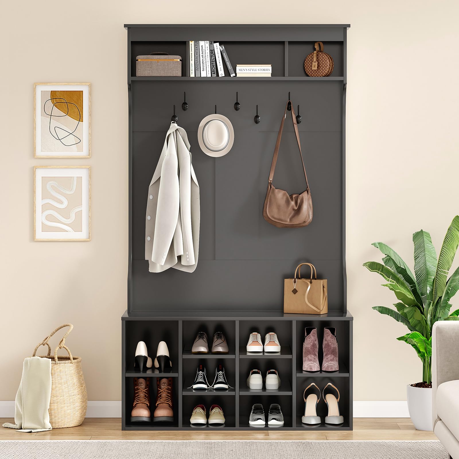 Soohow 70.9 Inches Freestanding Hall Tree with Bench & Shoe Storage - Entryway Organizer with 7 Coat Hooks, Adjustable Mudroom Bench - Perfect for Entryway, Foyer, Mudroom & Home Organization (Black)