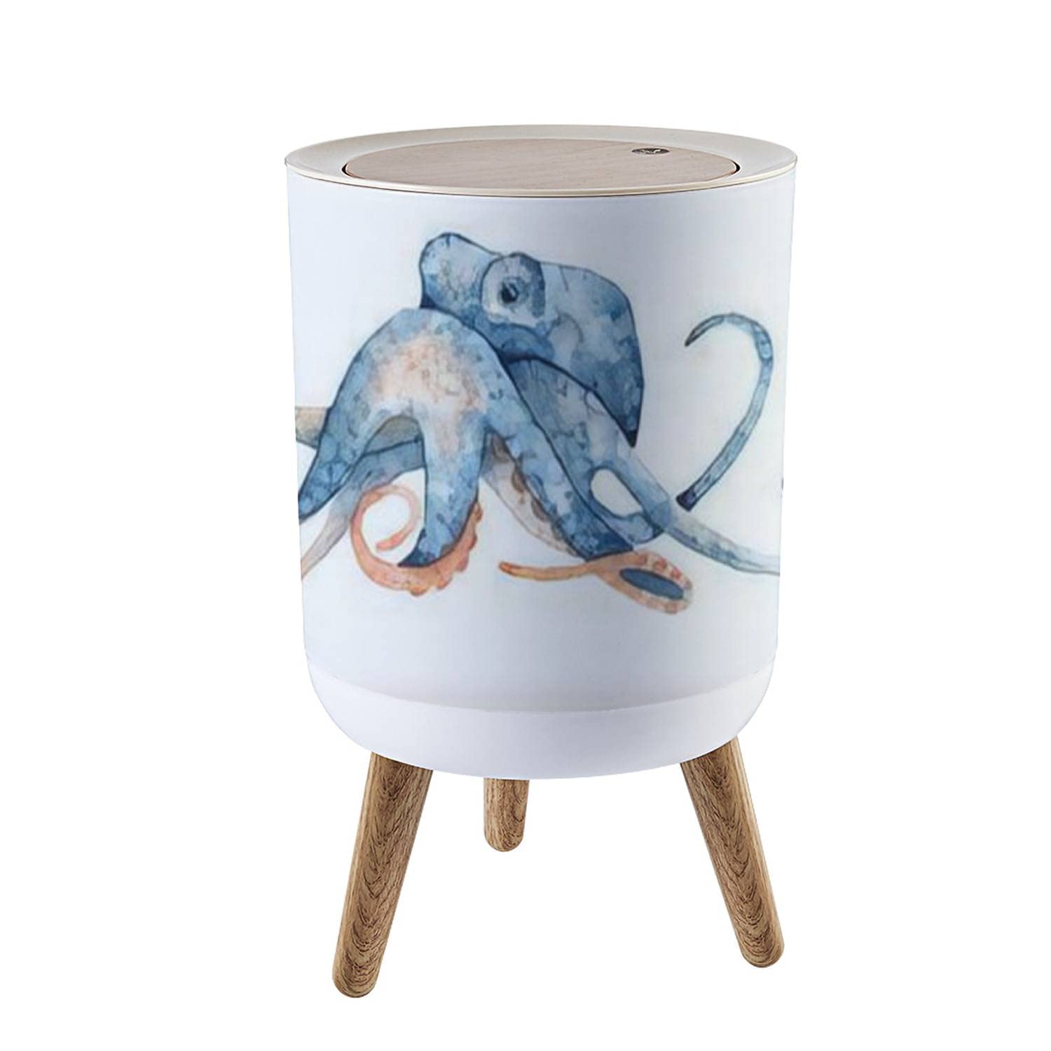 Blue Octopus Watercolor Hand-Drawn Small Trash Can with Lid - Round Wooden Waste Bin with Press Cover for Bathroom, Bedroom, Office & Kitchen | Perfect for Home Decor and Waste Disposal