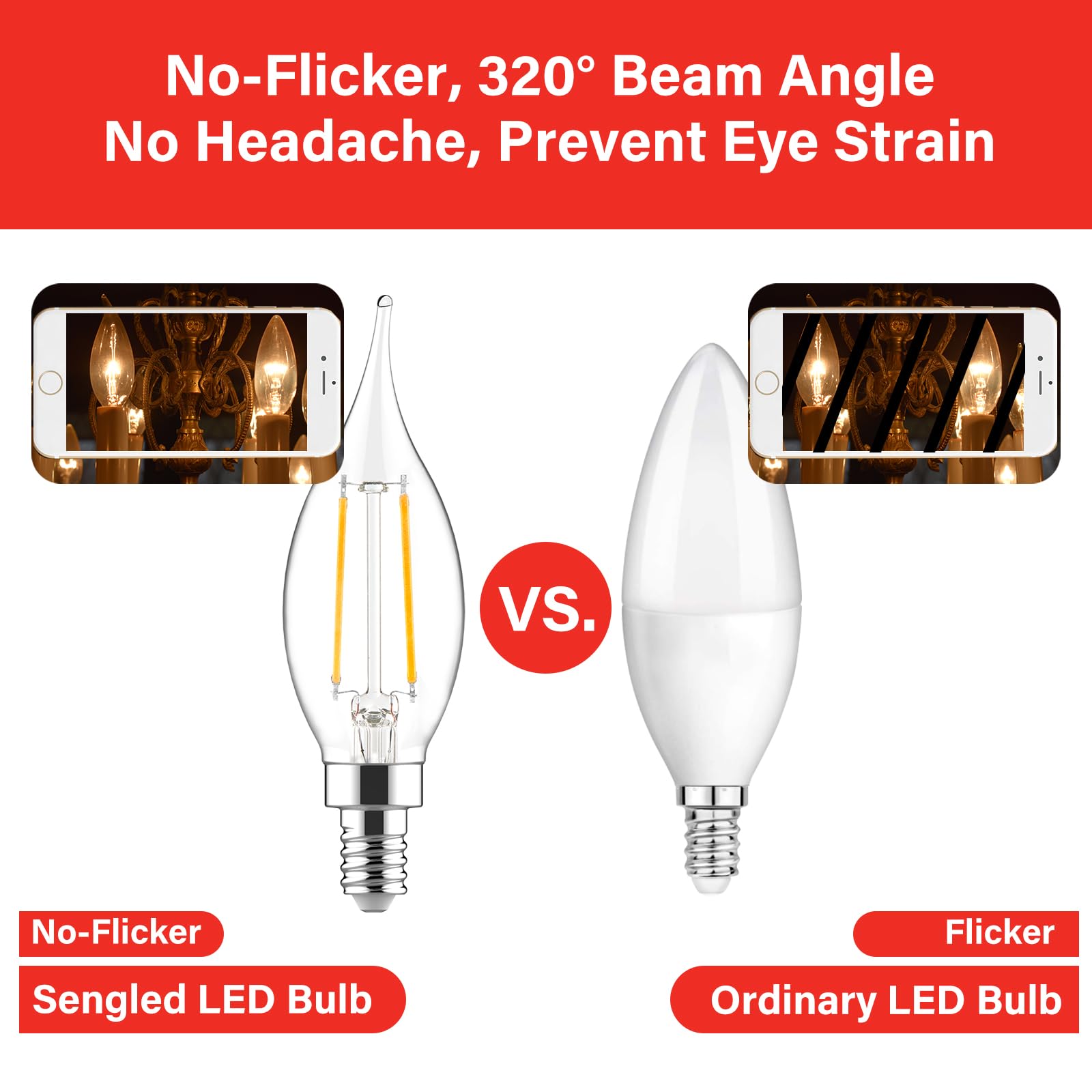 E12 Candelabra LED Light Bulbs 60W Equivalent - Dimmable CA10 Flame Tip Candle Bulbs 2700K Soft White - Clear Glass E12 LED Bulbs for Chandeliers, Ceiling Fans, Pendants (24 Pack) - Perfect for Dining Rooms, Bedrooms & Vintage Lighting Fixtures